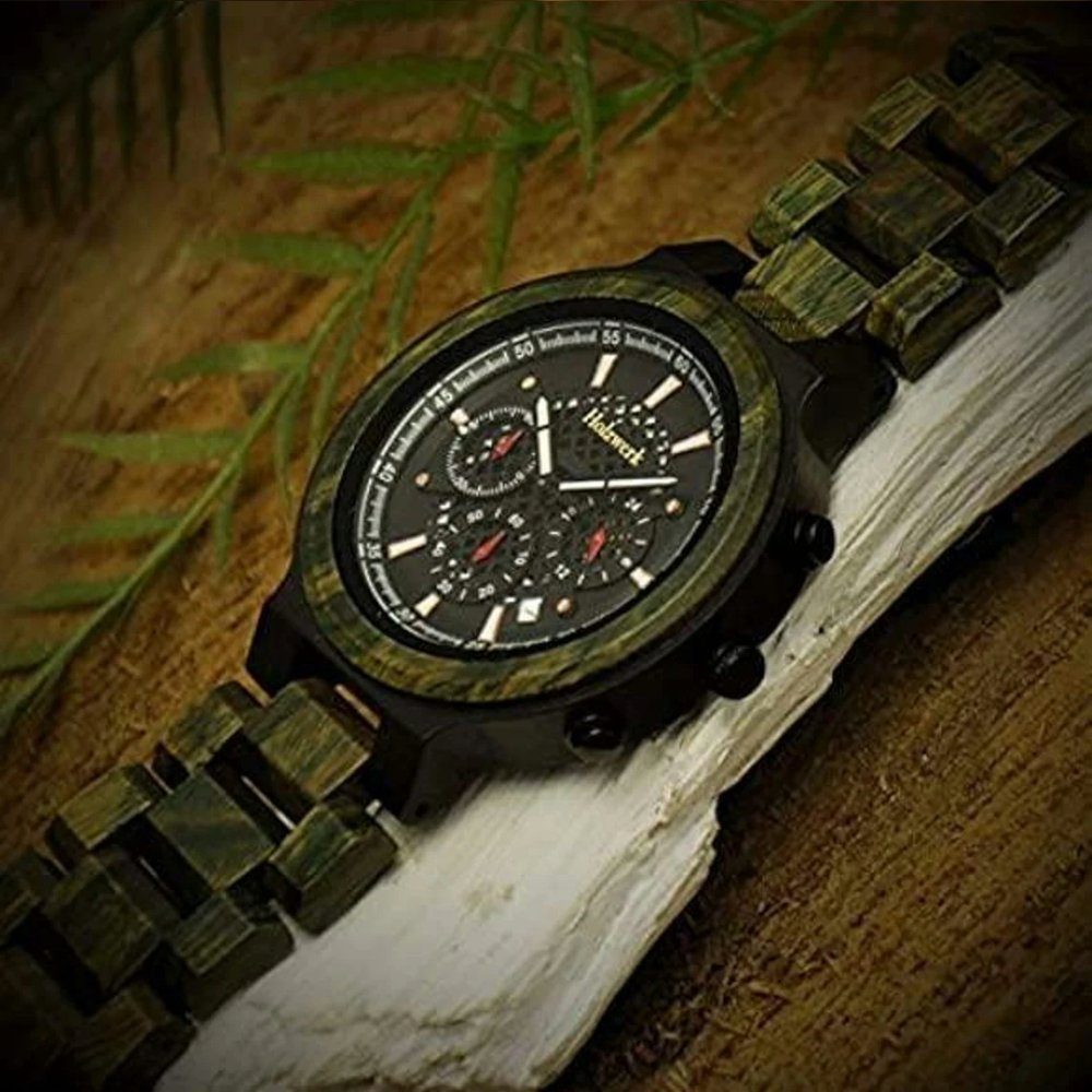 grün, Chronograph Armband in Uhr schwarz BALINGEN Holz mit Herren Holzwerk oliv Datum