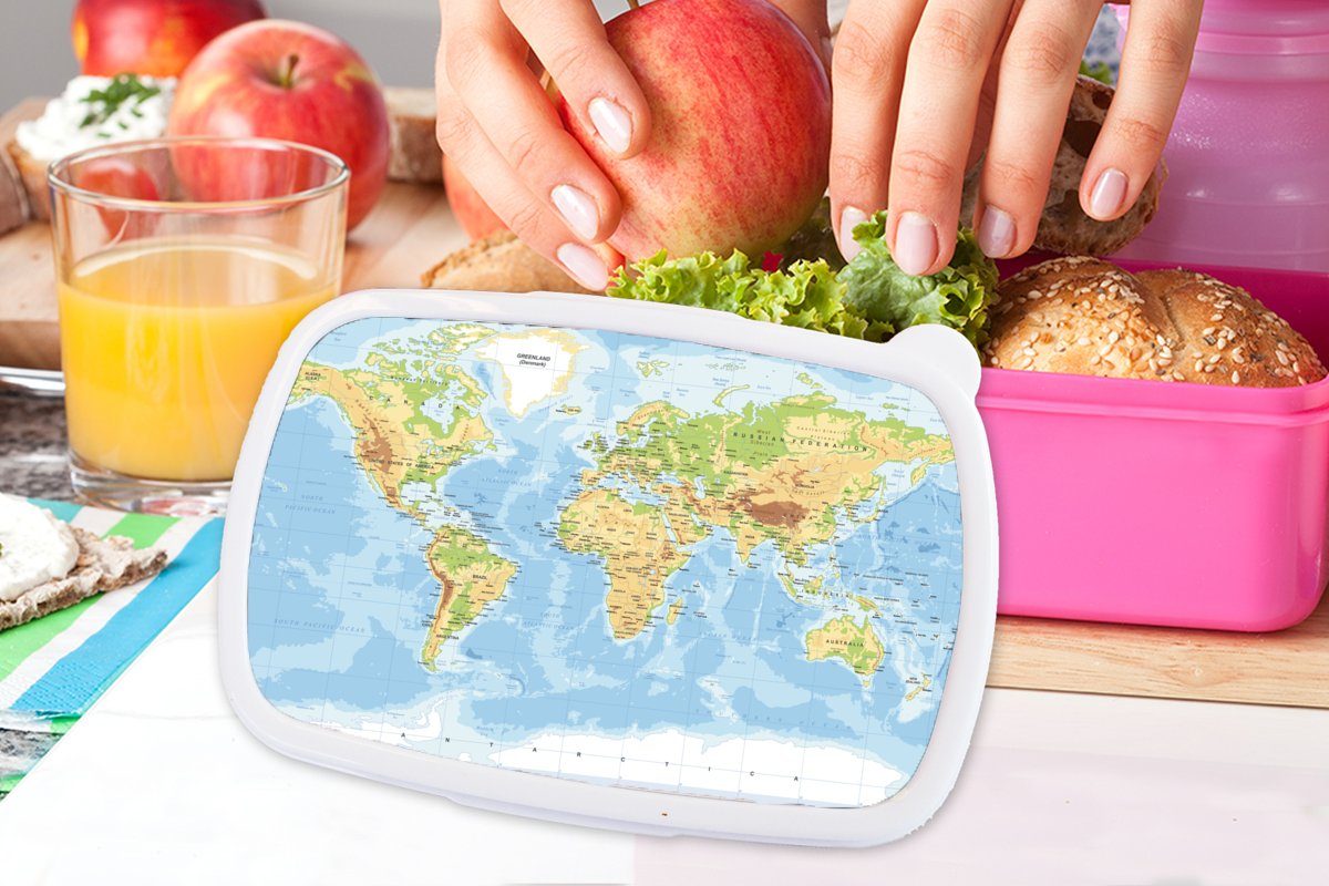 MuchoWow Lunchbox Weltkarte Mädchen, Kinder, Brotbox Erwachsene, Brotdose Snackbox, Kunststoff, Atlas, rosa - für (2-tlg), Geographie - Kunststoff
