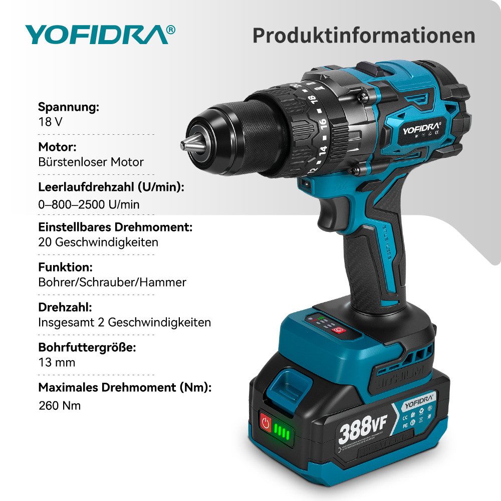 Yofidra Akku-Schlagbohrschrauber 260 Nm Bürstenlose Bohrhammer 13 mm Bohrschrauber mit 2 x Akkus, max. 2500 U/min, 20+3 Drehmomentstufen