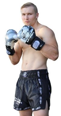 BAY-Sports Sporthose Thaiboxhose Thaiboxen Hose Shorts Muay Thai Kick Pro Equip schwarz (1-tlg) Kixkboxen, MMA, für Kinder und Erwachsene