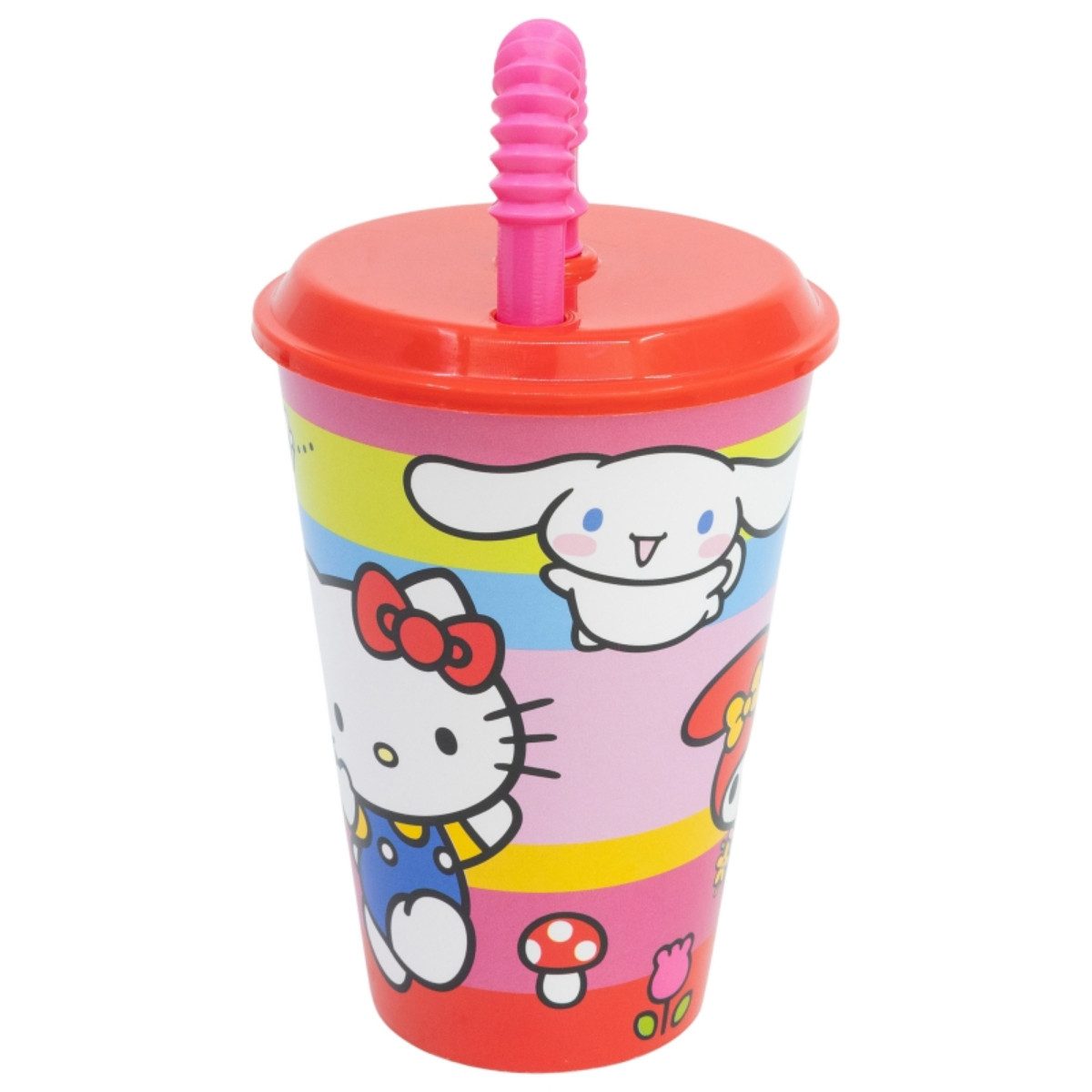 Hello Kitty Becher & Friends Trinkbecher 430 ml mit Deckel und Strohhalm, Polyethylen