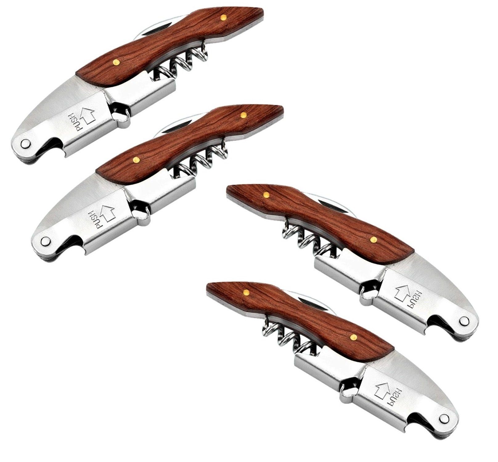 Pizzaschneider 4 x Korkenzieher Wein aus Edelstahl, Kellnermesser, Wein Öffner mit