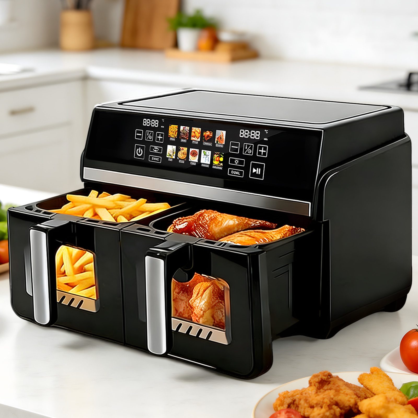 Nettlife Heißluftfritteuse AIR FRYER Dual Zone 2 Kammern 10L Gesamtvolumen 2x5L Sichtfenster Touchscreen, 2200 W, SYNC & DUAL Technologie Timer 24h spülmaschinengeeignet
