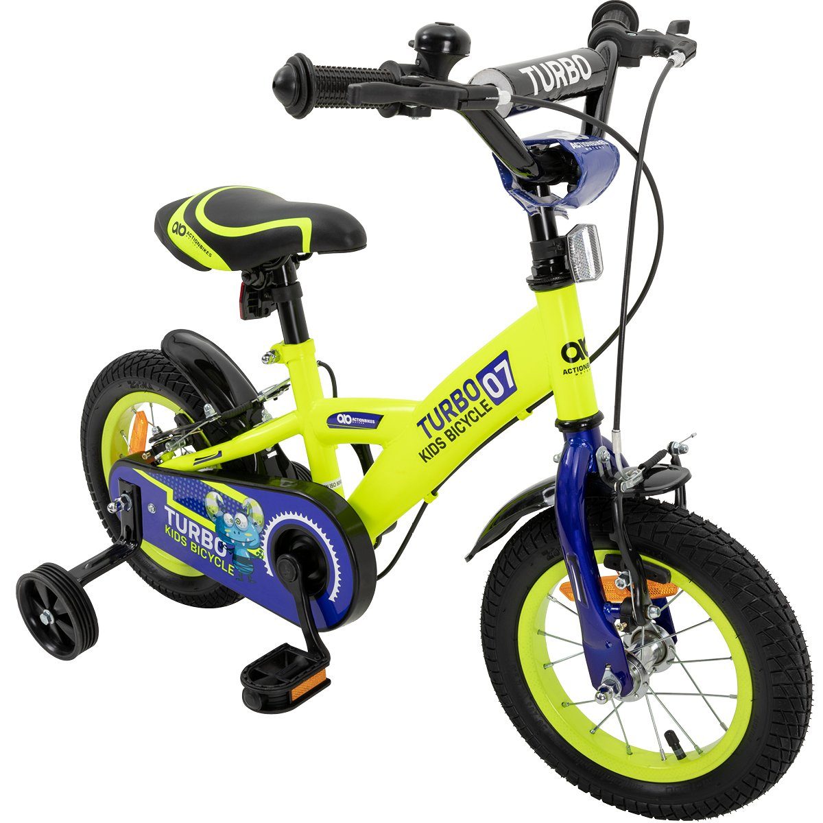 Actionbikes Motors Kinderfahrrad Kinder Fahrrad Turbo mit Stützräder, 1 Gang, ohne Schaltung, (12 Zoll, ab 95 cm Körpergröße, max. Zuladung 35 kg, Stützräder, Reflektoren, Antirutschgriffe, Lenkerschutz, Kettenschutz, 1-tlg., V-Brake-Bremse, Luftbereifung, Schutzbleche, gelb / blau), höhenverstellbares Bike Jungen Mädchen Kinderrad ab 2 Jahre