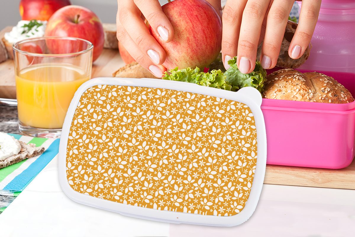 MuchoWow Lunchbox Muster - Blätter Blumen, rosa Erwachsene, Snackbox, für Brotdose Kunststoff, Mädchen, Brotbox (2-tlg), Kinder, Kunststoff 