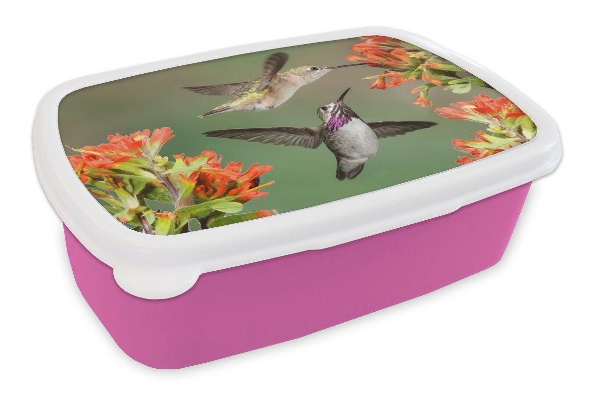 MuchoWow Lunchbox Kolibri - Blumen - Orange, Kunststoff, (2-tlg), Brotbox für Erwachsene, Brotdose Kinder, Snackbox, Mädchen, Kunststoff rosa