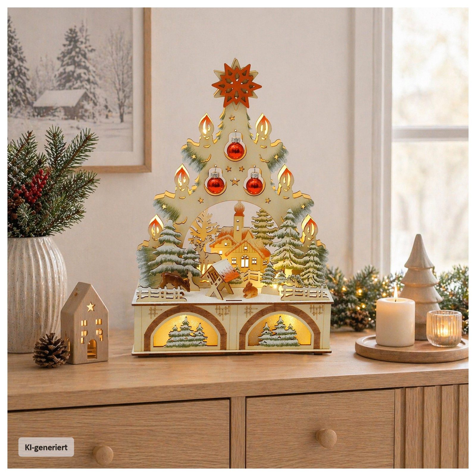 HTI-Living Schwibbogen LED Schwibbogen Weihnachtsbaum mit Kugeln und Kirche (1-tlg), Lichterspitze aus Holz, batteriebetrieben – Bild 3 von 3