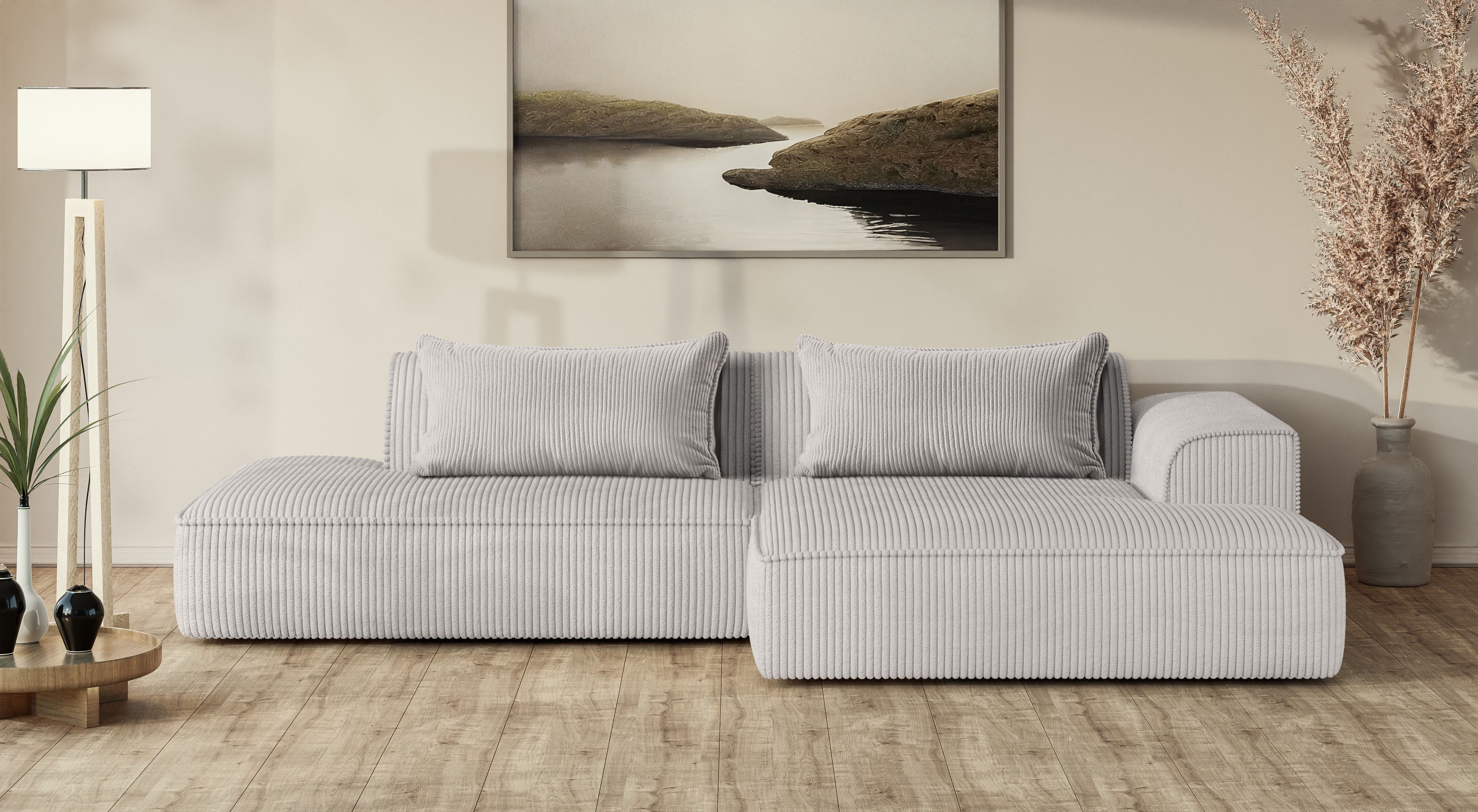 exxpo - sofa fashion Ecksofa Billund modernes Designsofa, bequem und elegant, Breite 294cm, L-Form, modern, L-form, Wellenfedern, inklusive 2x Nierenkissen