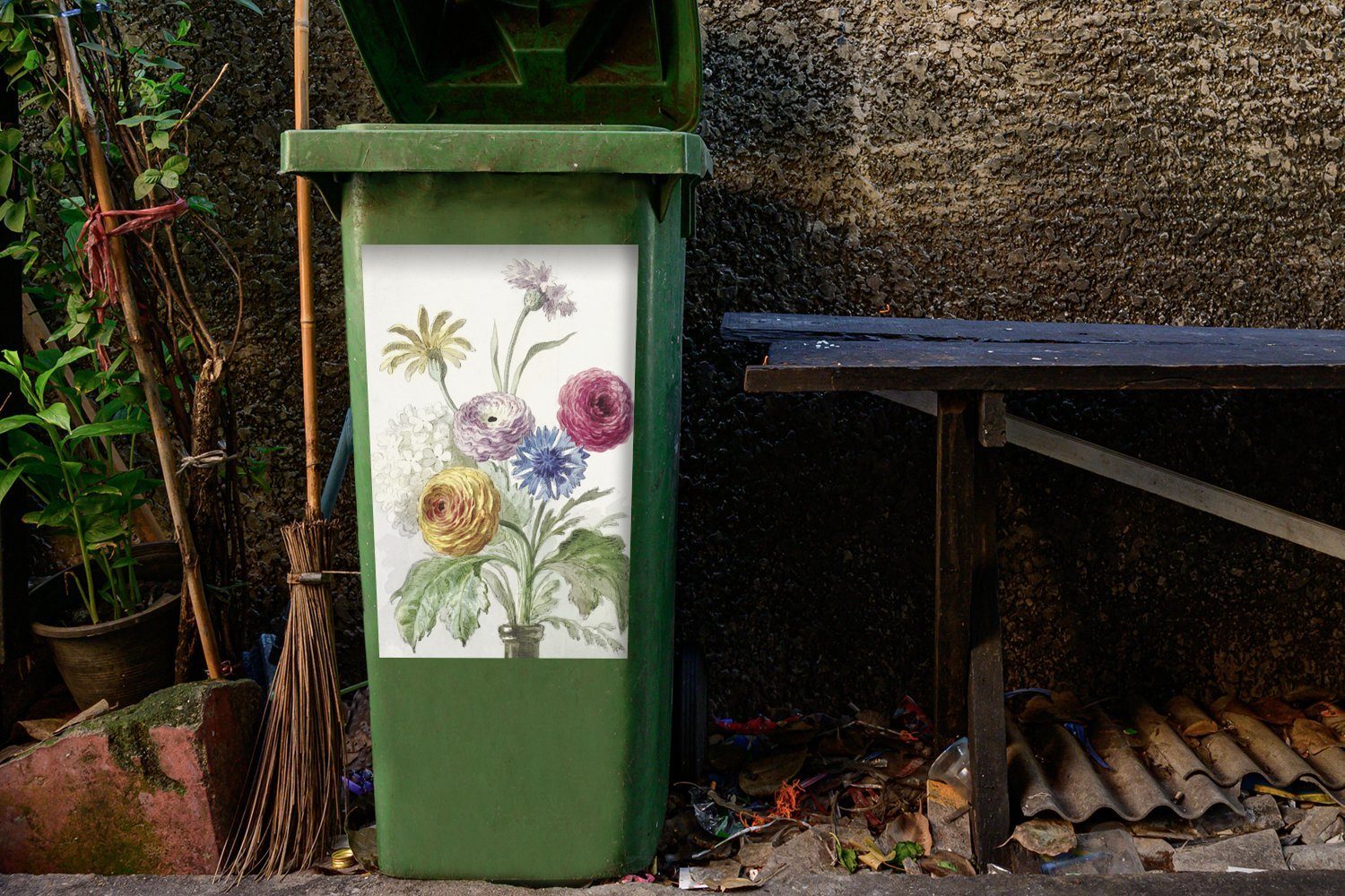 Willen Vase Wandsticker Abfalbehälter Mülltonne, - grünen St), Mülleimer-aufkleber, MuchoWow im einer Hals Sticker, van (1 Blumenstrauß Container, Leen