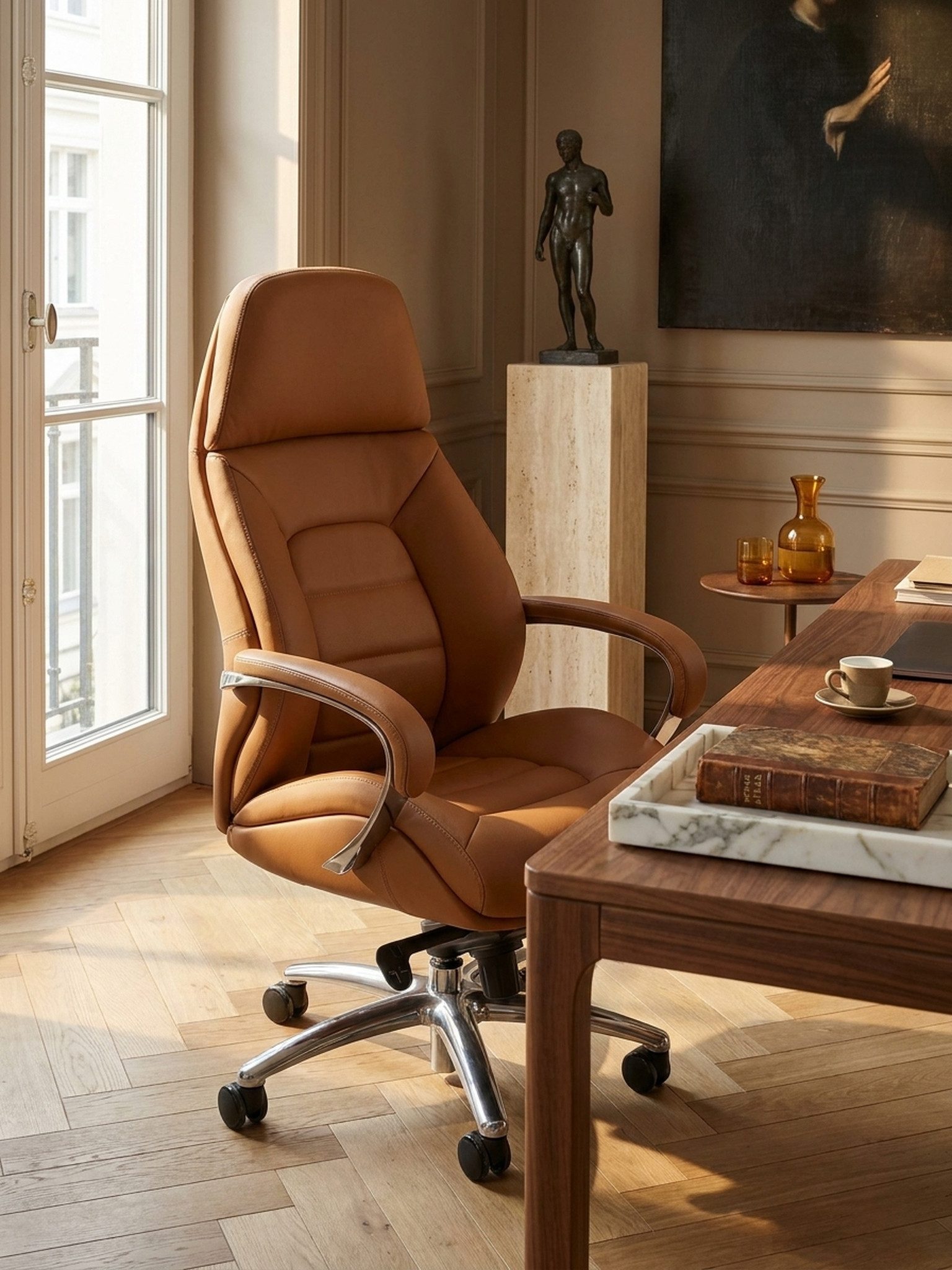 KADIMA DESIGN Chefsessel Designer Bürostuhl Bezug Echtleder Caramel Schreibtischstuhl bis 120 (kg, XXL Design Chefsessel höhenverstellbar, Drehstuhl ergonomisch mit), Armlehnen & hoher Rückenlehne, Wippfunktion