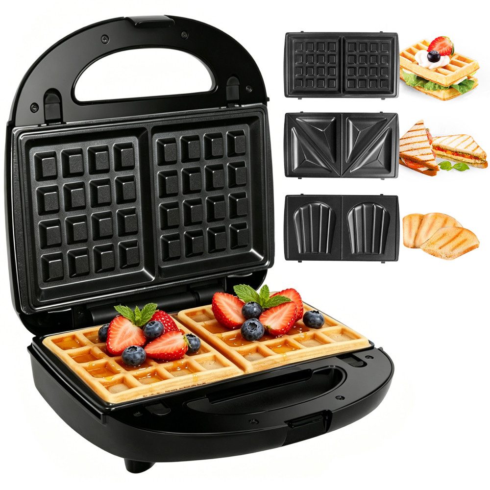 OZAVO 3-in-1-Sandwichmaker Sandwichtoaster, Waffeleisen,Kontaktgrill 23*23cm, 750 W, Antihaftbeschichtete abnehmbare Platten