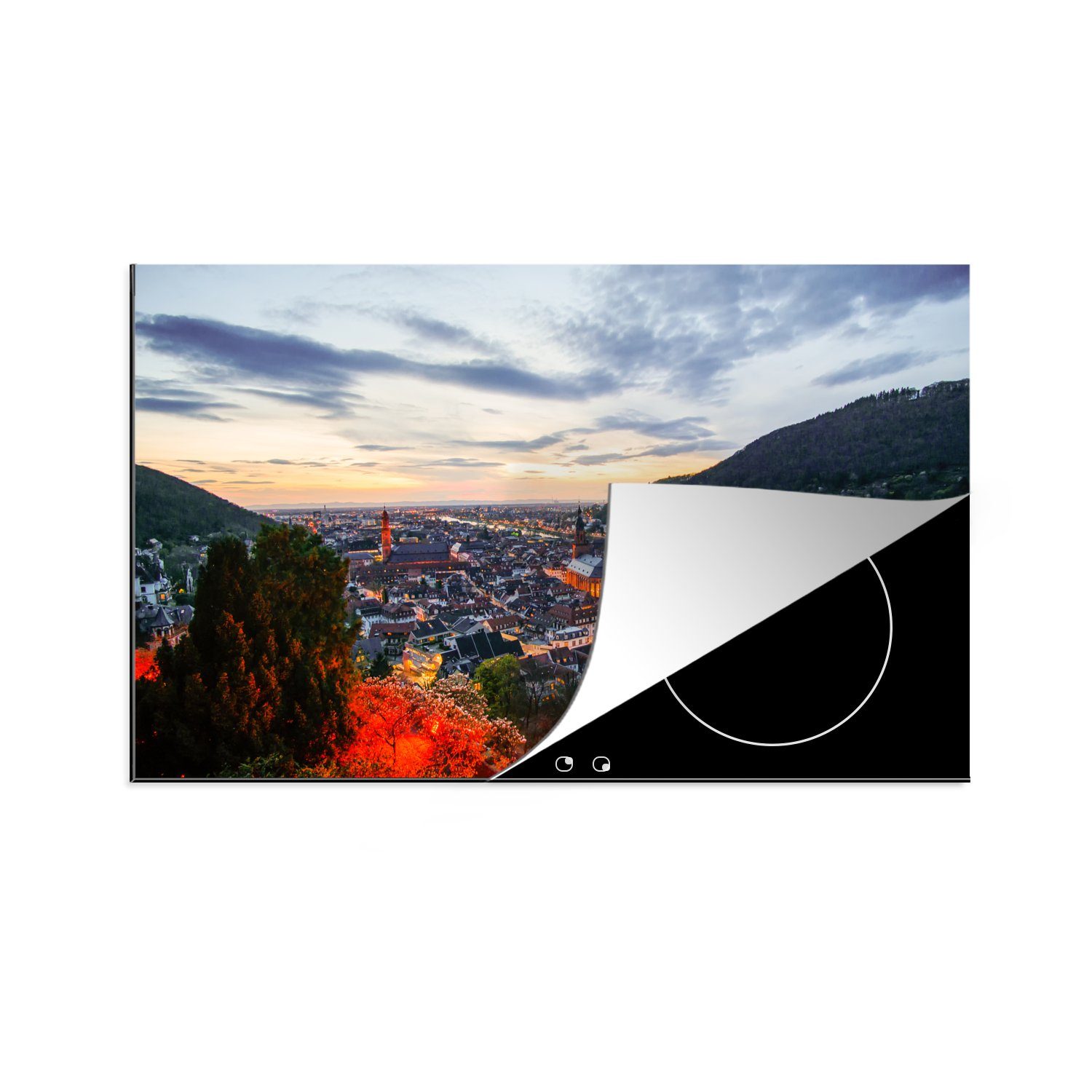 MuchoWow Herdblende-/Abdeckplatte Heidelberg - Sonnenuntergang - Berge, Vinyl, (1 tlg), 83x51 cm, Ceranfeldabdeckung, Arbeitsplatte für küche