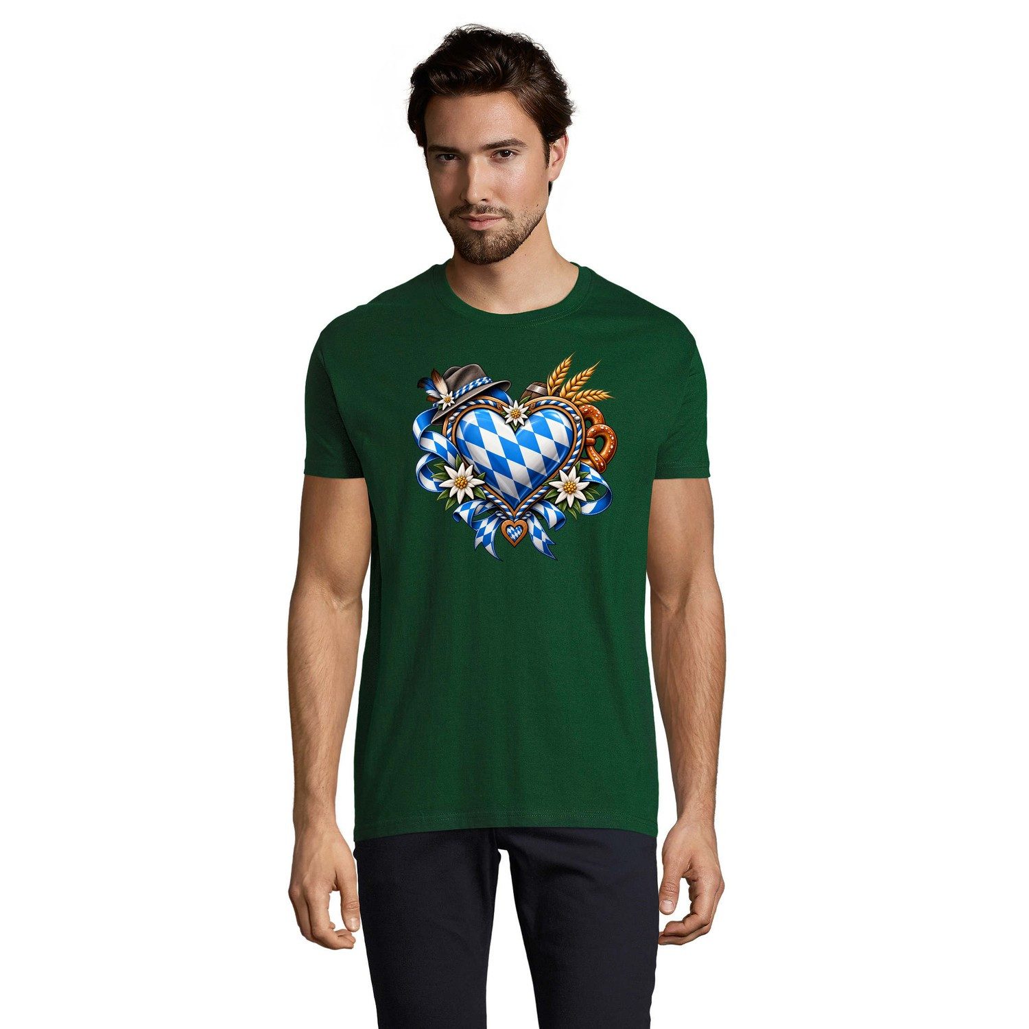Blondie & Brownie T-Shirt Oktoberfest Herren T Shirt mit Trachtenmotiv und Frontprint (Einzelartikel) Rautenliebe mit Brezel und Alpenflair
