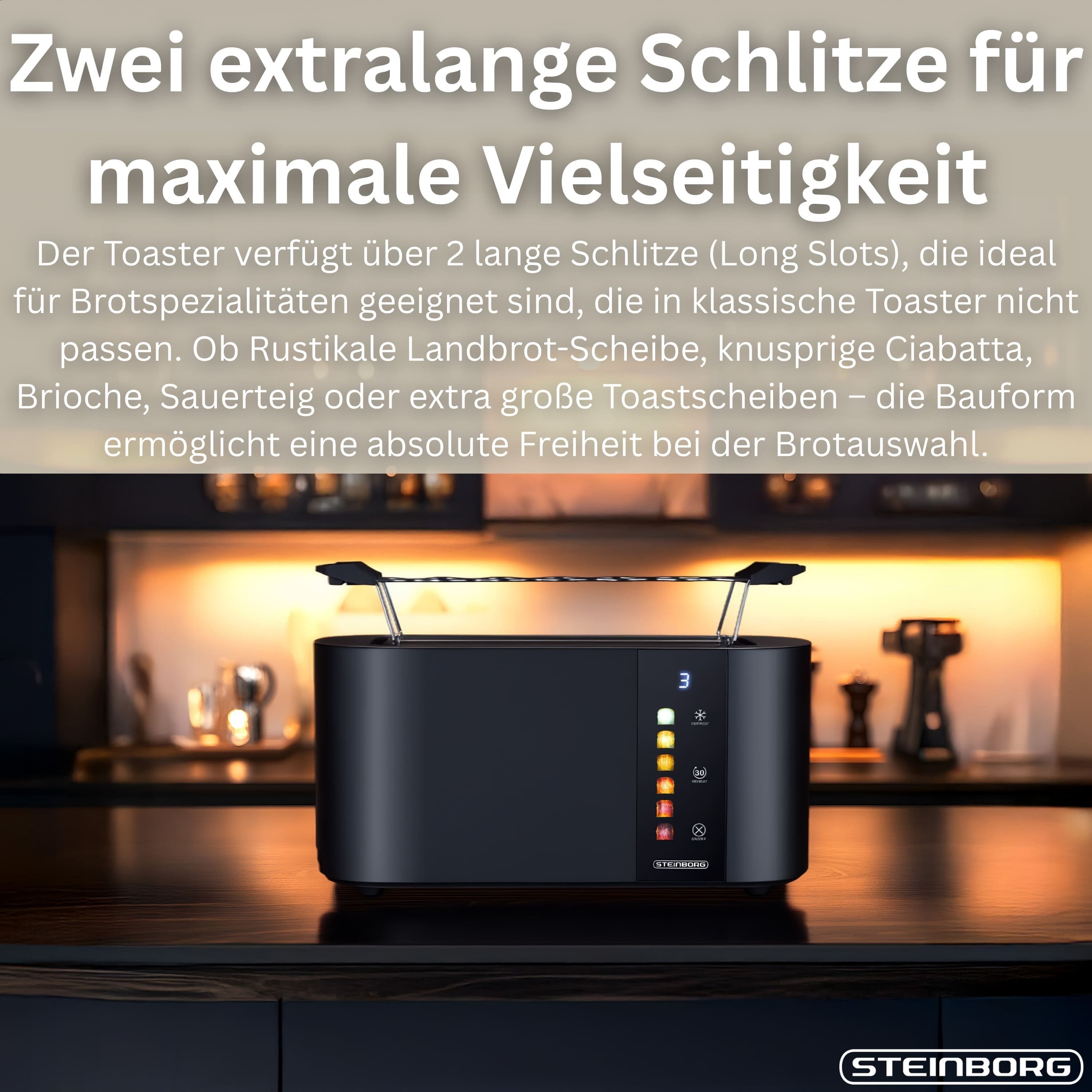STEINBORG Toaster SB-2216, Modern, 1500 W, stufenlose, elektronische Steuerung des Bräunungsgrades