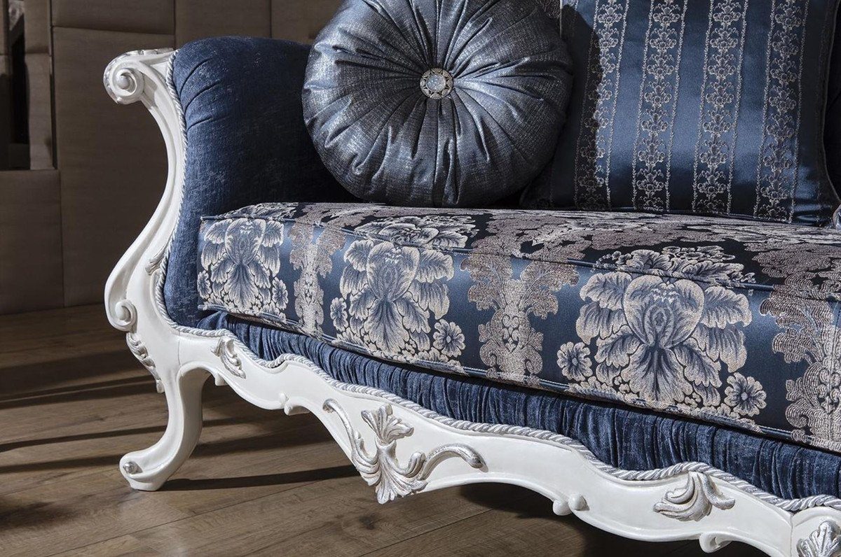 Luxus Muster cm Padrino und dekorativen Blau Barock x Weiß Wohnzimmer 120 - mit Silber x Barock Kissen H. Sofa / 240 90 / Casa Sofa Möbel Prunkvolle