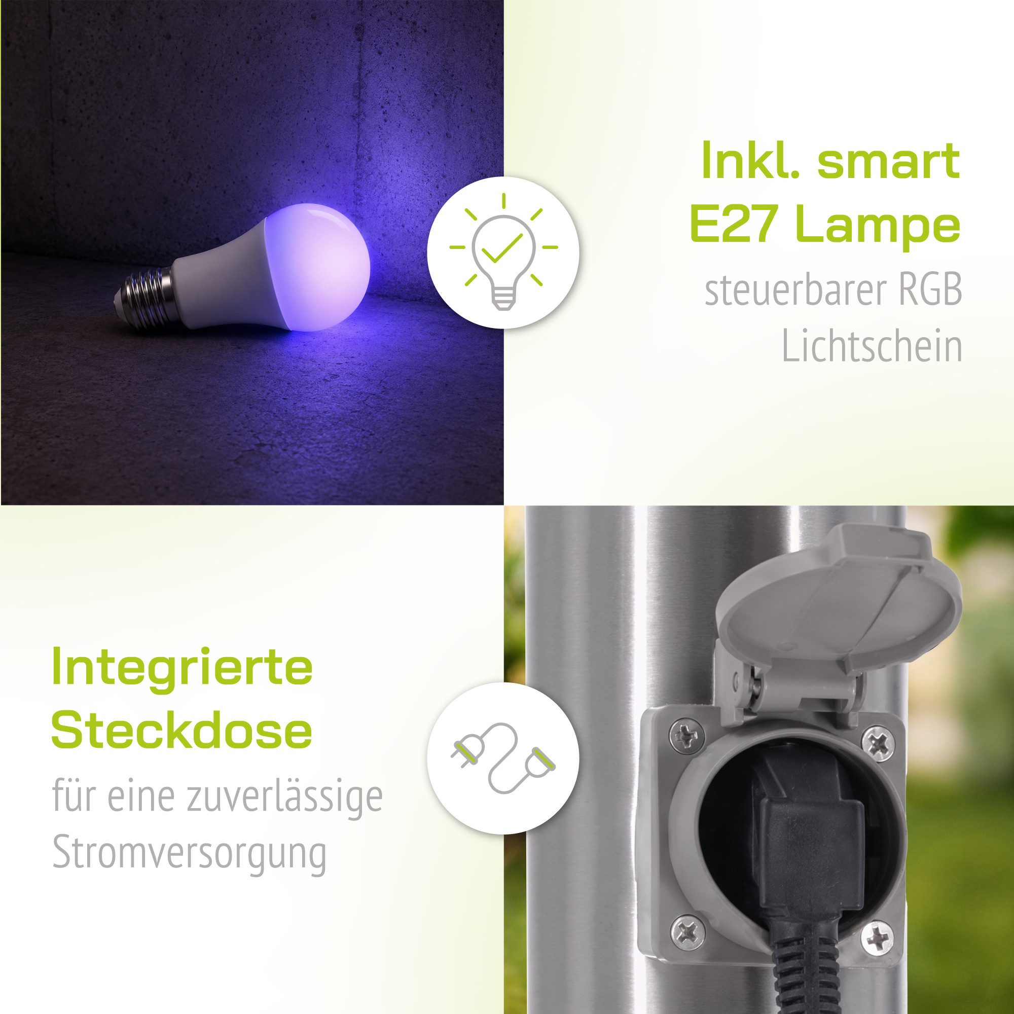 linovum LED Pollerleuchte BOSEA-S Wegeleuchte mit Steckdose IP44 mit LED SMART E27 RGBW, Smart