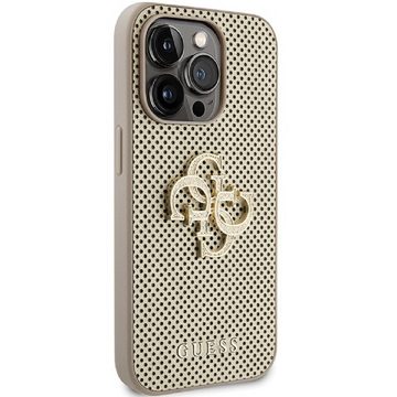Guess Handyhülle Case iPhone 15 Pro Glitter Kunstleder goldfarben Metallogo 6,1 Zoll, Kantenschutz