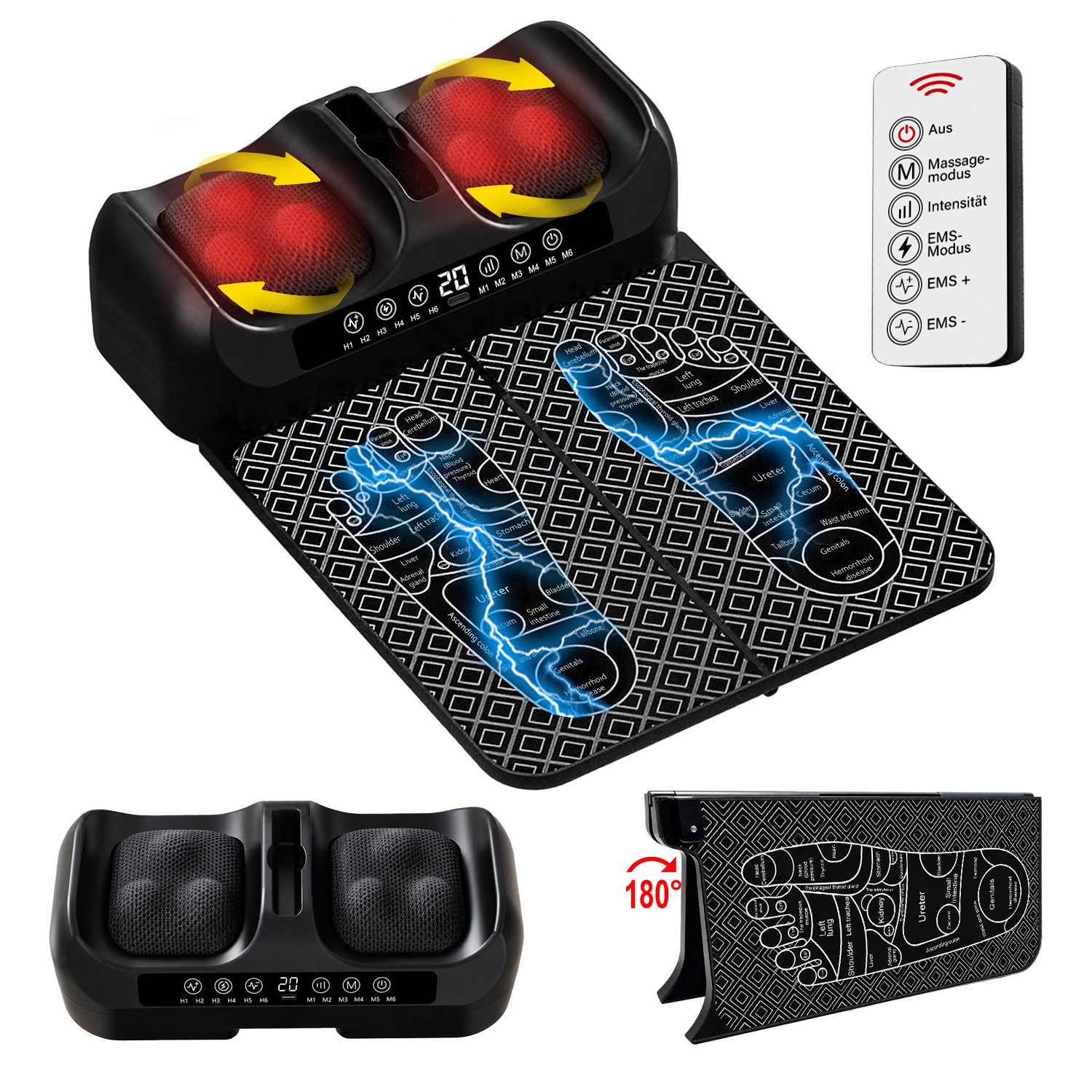 Whraills EMS-Fußmassage-Gerät EMS Shiatsu Fußmassagegerät Durchblutungsstimulator Wärme & Rotlicht, (Für Füße & Beine, Kabelloses elektrisches Fußmassagegerät, mit 5D-Shiatsu-Massagefunktion), praktischer Fernbedienung für entspannte Momente zu Hause.