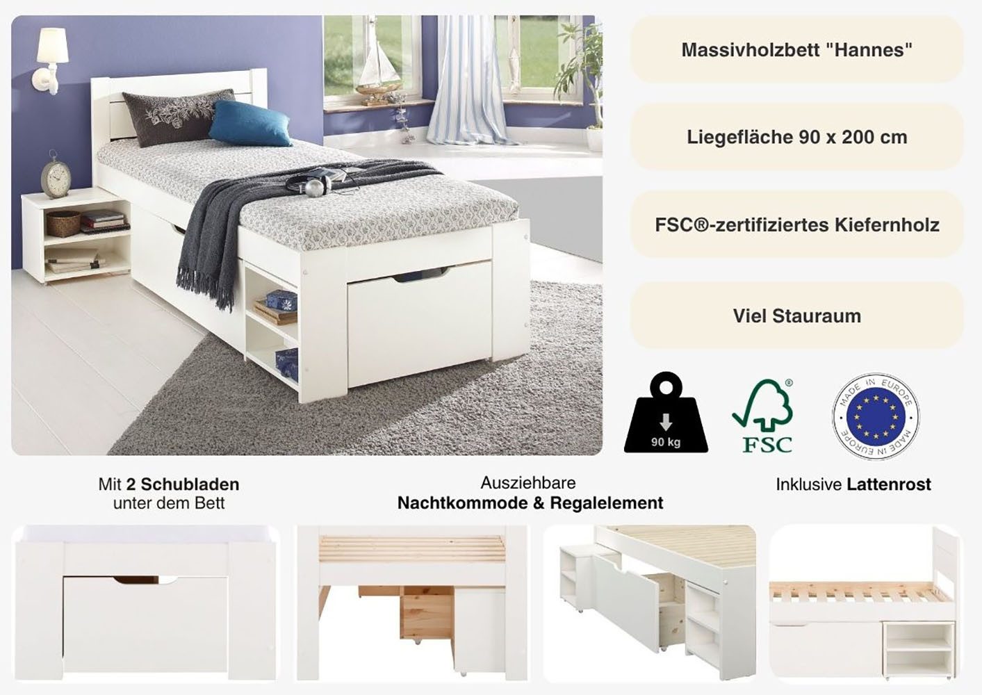 OTTO home Massivholzbett "HANNES " mit Schubladen und Regalen, Nachtschrank ausziehbar, stabil, FSC®-zertifiziertes Kiefernholz, ideal für kleine Räume