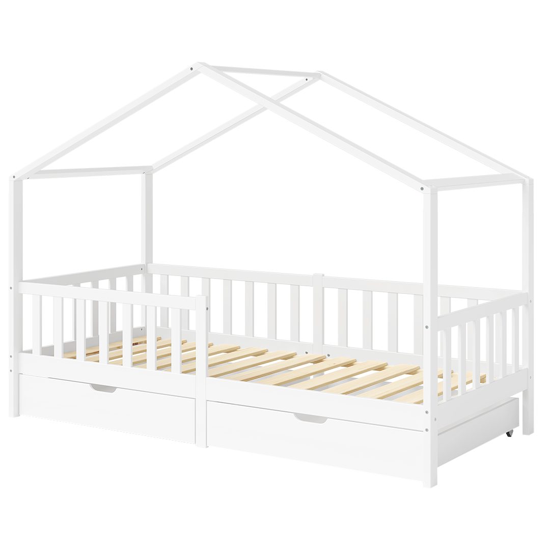 Bellabino Kinderbett Bia mit Rausfallschutz & Lattenrost (weiß, mit zwei Schubladen), Kinderbett aus Kiefernholz, verfügbar in 80x160/90/120/140x200 cm