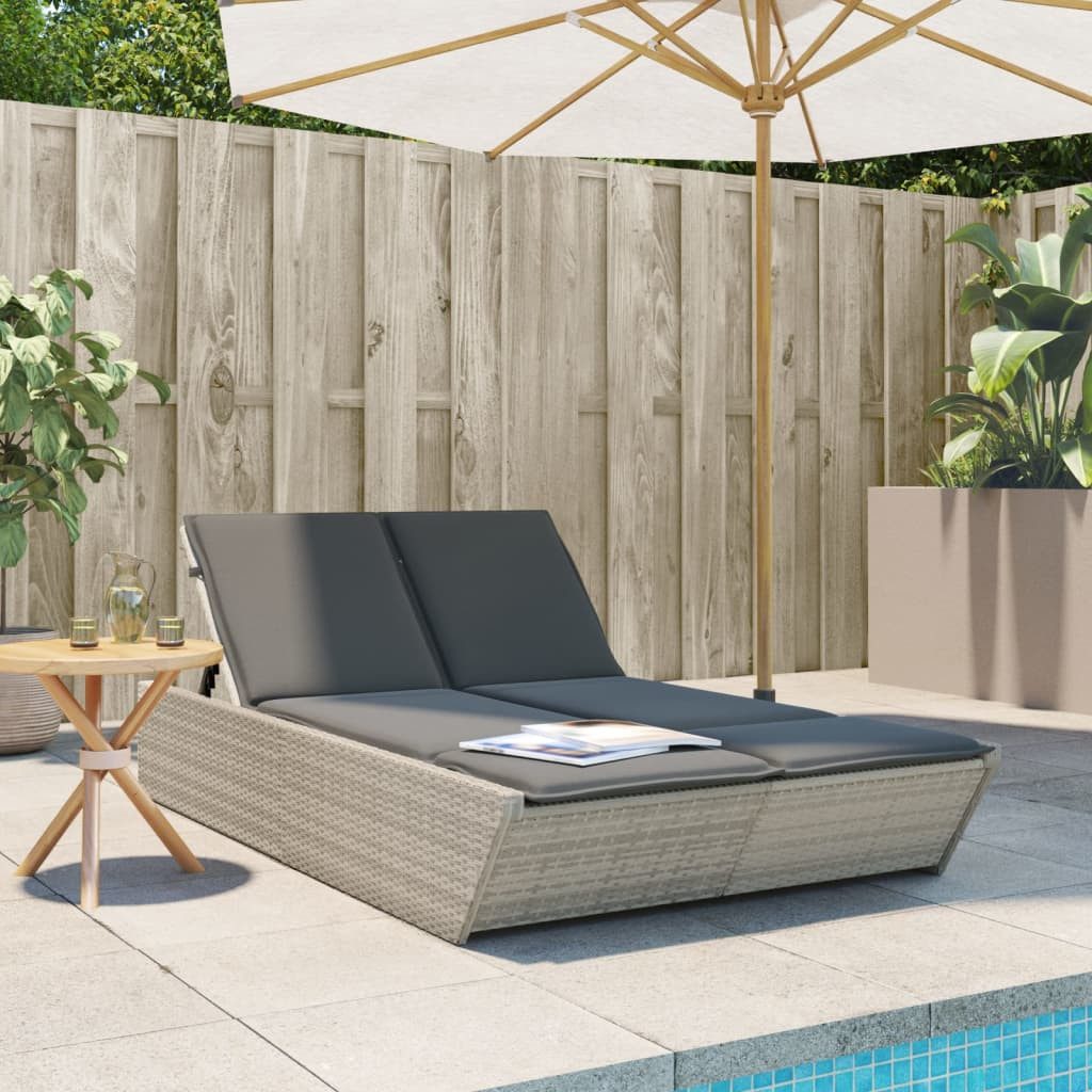vidaXL Gartenliege, Doppel-Sonnenliege mit Kissen Hellgrau Poly Rattan