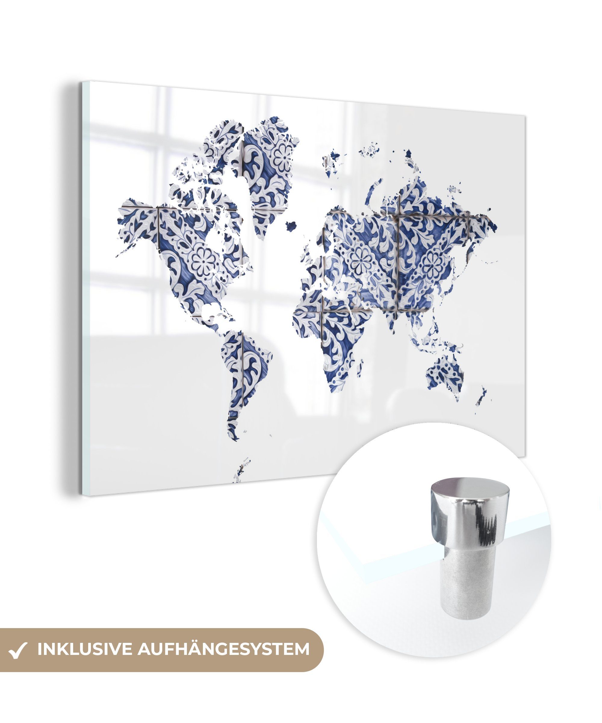auf auf MuchoWow Wandbild - Acrylglasbild Wanddekoration St), - - Weiß, - - Weltkarte Bilder (1 Glasbilder Glas Foto Blau Delfter Glas