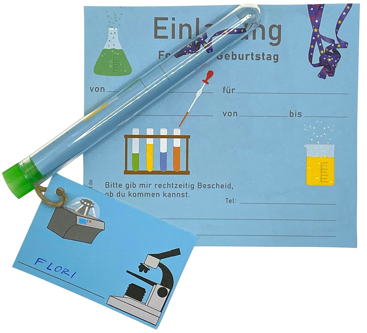 myExperimentSet Einladungskarten im Reagenzglas für Forscher-Kindergeburtstage, 10 Stück, Die perfekte Einladung für eine gelungene Forscherparty