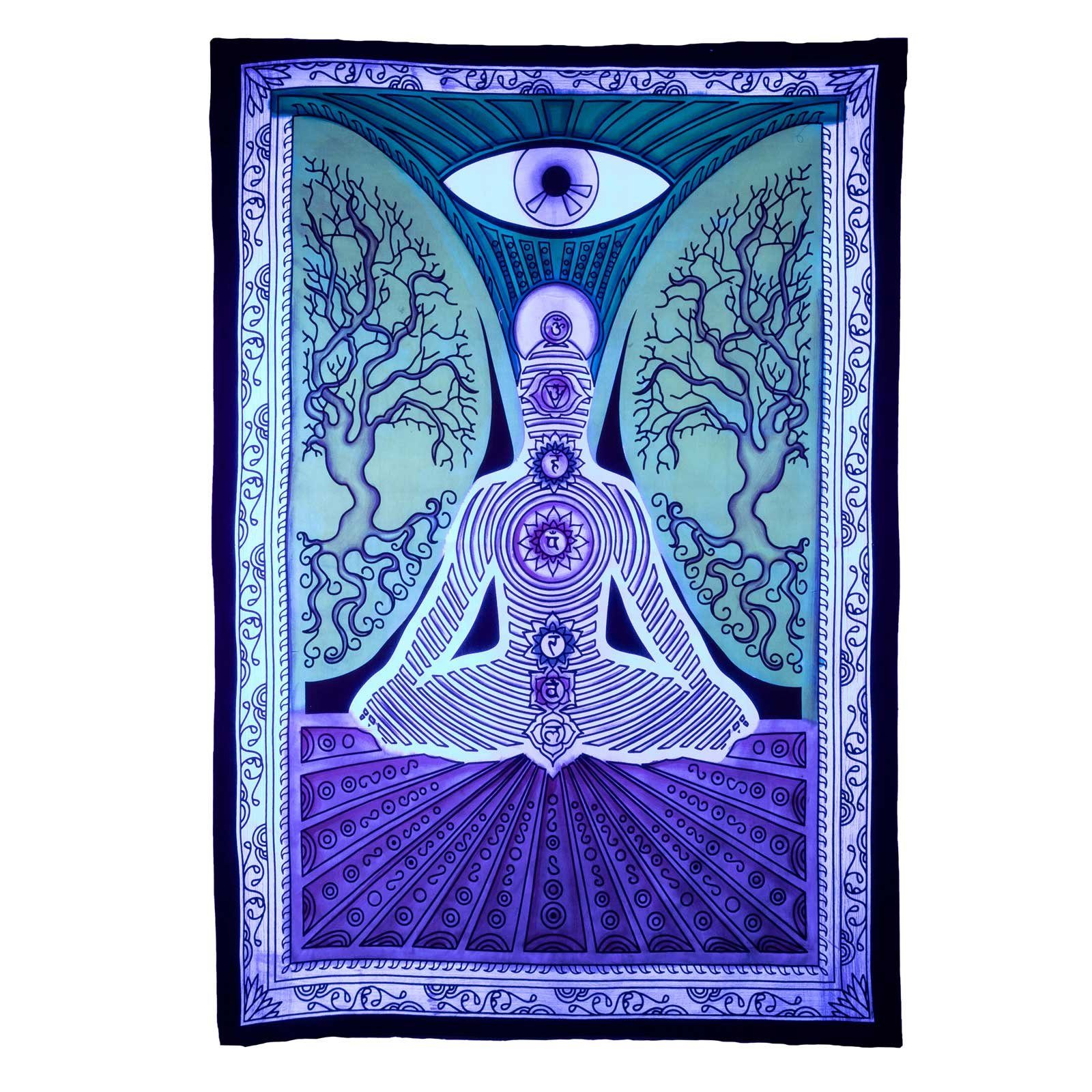 KUNST UND MAGIE Wandteppich Tuch Chakra Tagesdecke Wandbehang Deko Yoga Schwarzlicht ca.200x135cm
