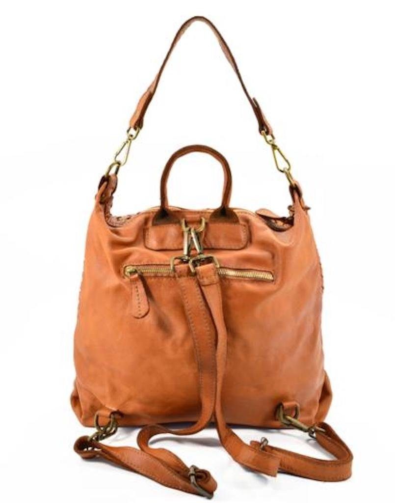 Mona Cityrucksack Damenhandtasche, BZNA Ledertasche Backpacker Cognac Flechtmuster Designer