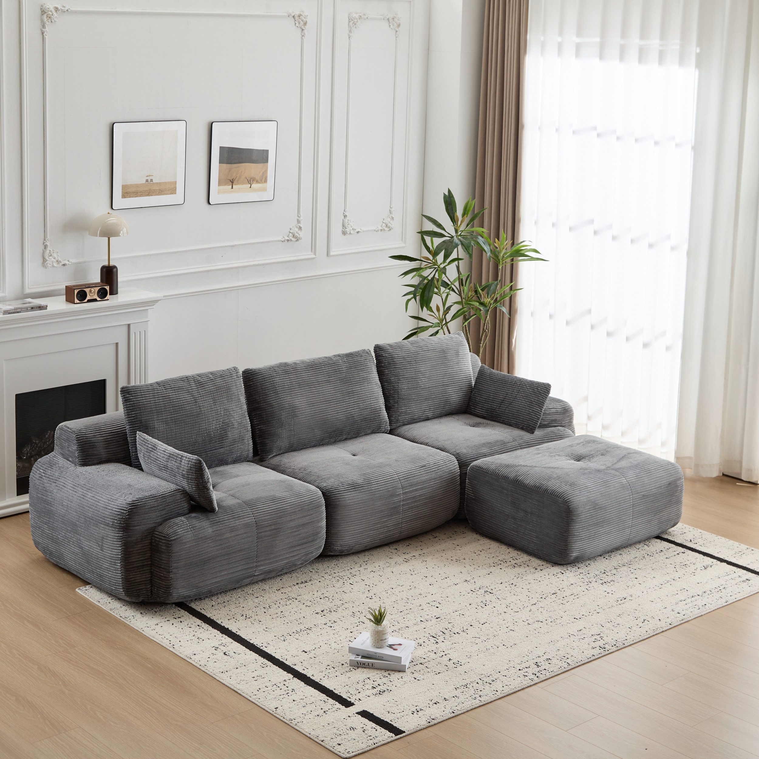Leawin Ecksofa Ecksofa 3-Sitzer Sofa mit Hocker, ohne Montage, ergonomisch, Modulares Sofa, 32D Polsterung für Wohnzimmer, Schlafzimmer & Büro