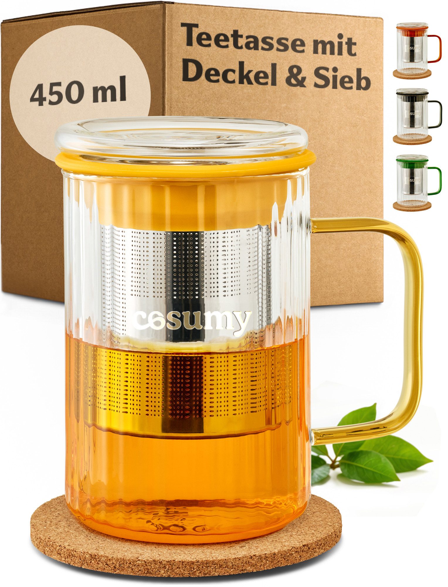 Cosumy Teeglas Teetasse mit Deckel und Sieb 450ml Gelb, Borosilikatglas, Edelstahl, Kork, Edelstahlfilter