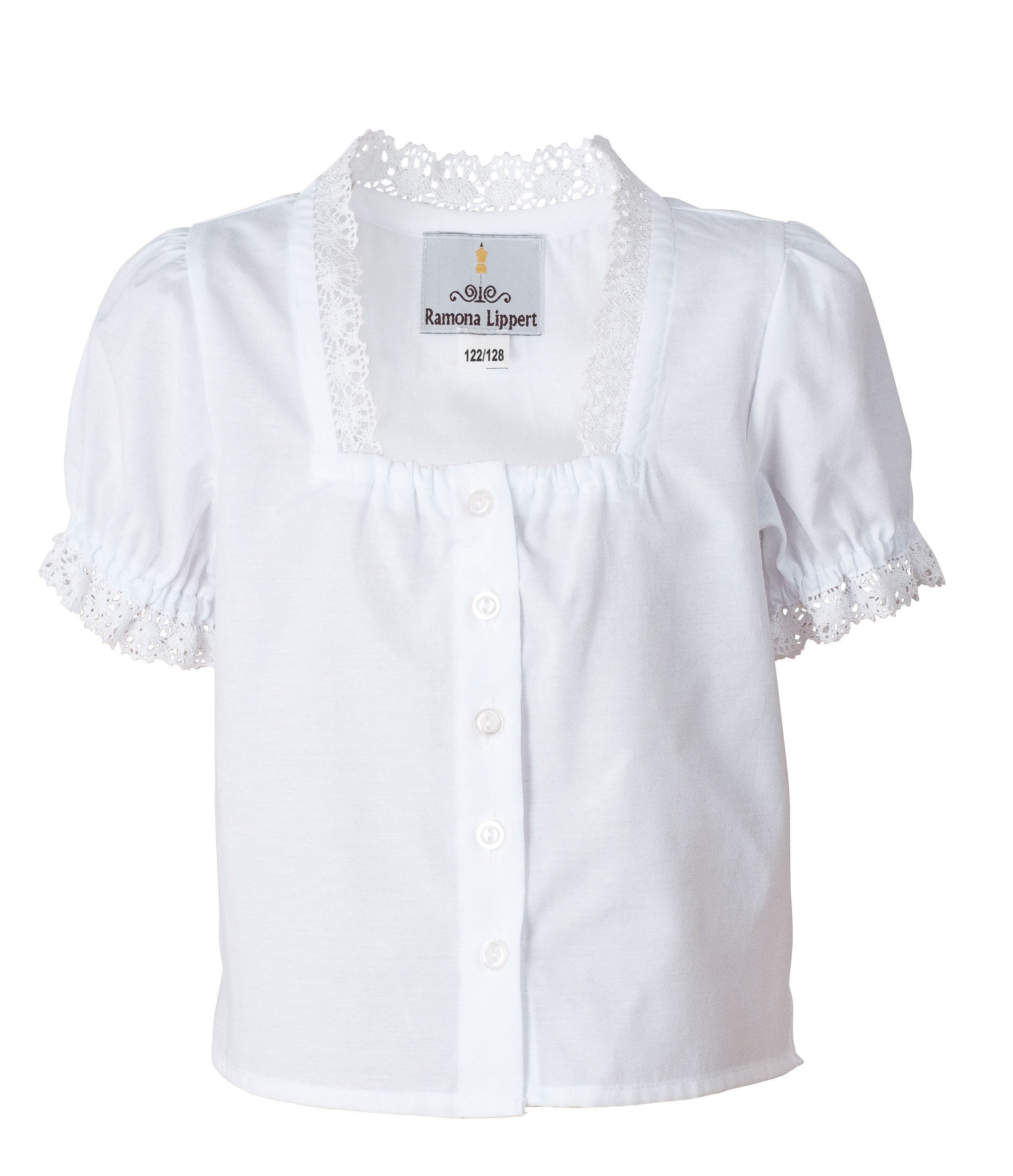 Ramona Lippert Kurzarmbluse Kinder Trachtenbluse Lara Weiß Mädchen Bluse Dirndl Bluse mit Spitze