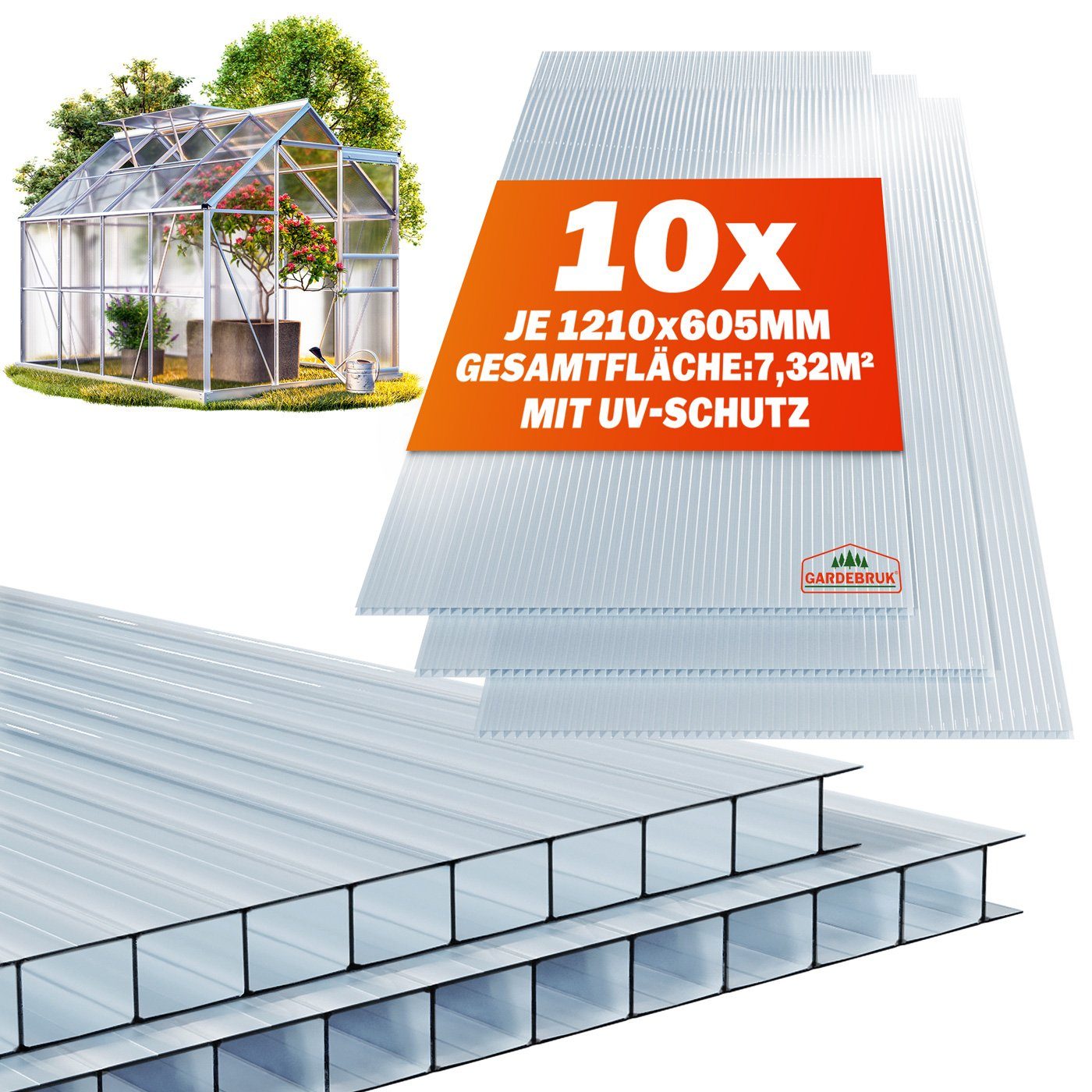 Gardebruk Hohlkammerplatte, 10x Doppelstegplatten 6mm Zuschneidbar Polycarbonat Klar 121x60,5cm