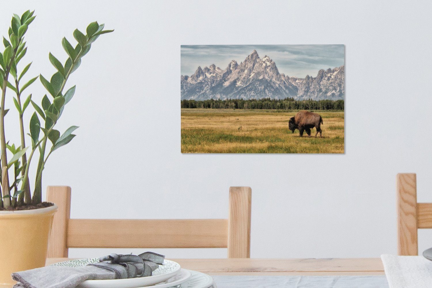 in wilder OneMillionCanvasses® Bison beim Aufhängefertig, 30x20 Leinwandbilder, (1 Teton Wandbild Grasen Ebenen den Leinwandbild cm St), des National, Ein Wanddeko, Grand