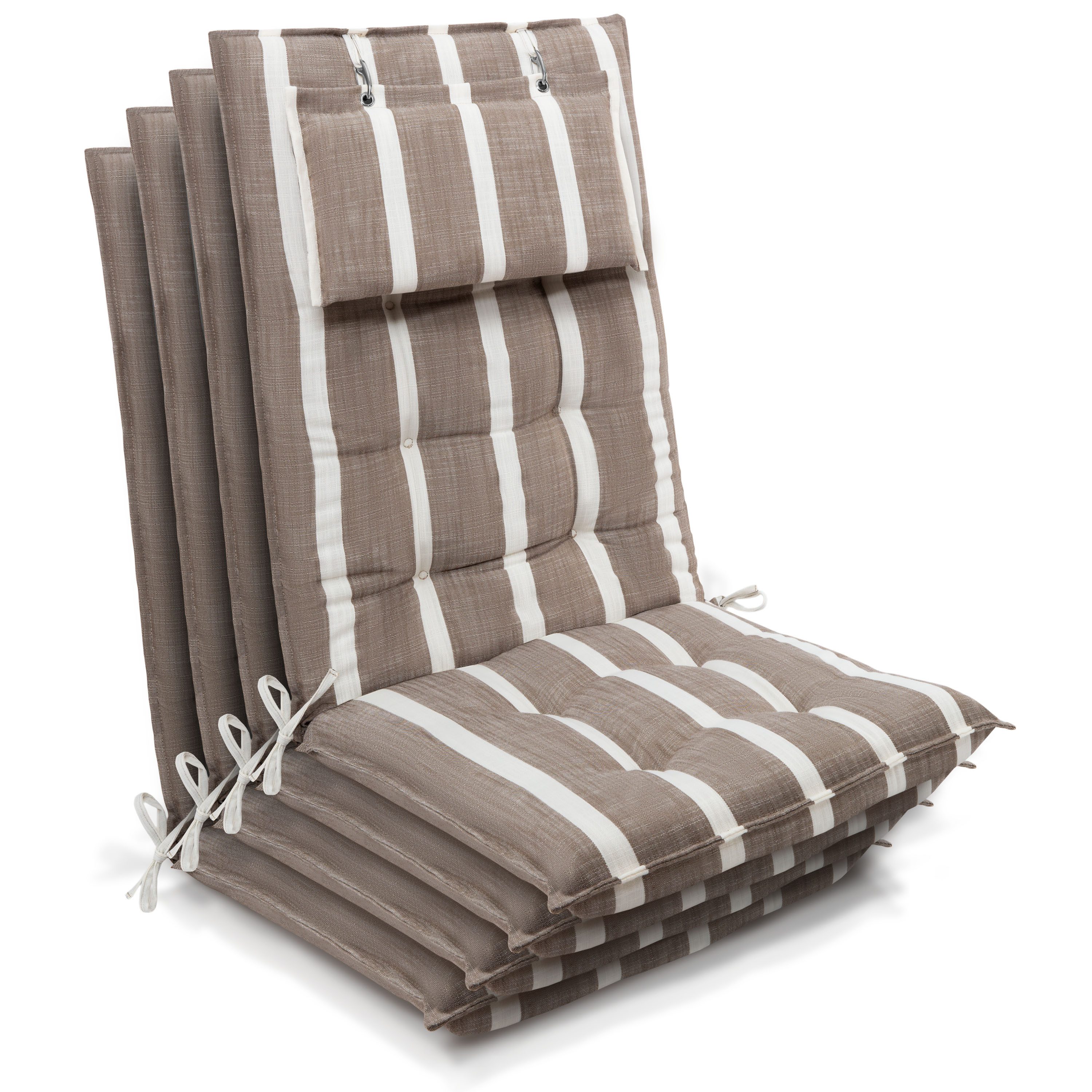 Beautissu Hochlehnerauflage 4er Set Sun-HL Hochlehner Auflage 120x50x8cm Beige-Weiß-Gestreift, Mit Kopfpolster, rutschfest & robust – Befestigungsbänder, UV 5