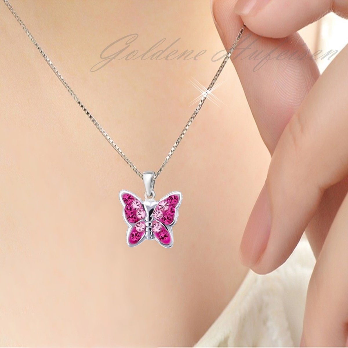 Goldene Hufeisen Kette mit Anhänger Mädchen Kinder mini klein Schmetterling Anhänger mit Kette 925 Silber (2-tlg, inkl. Etui), Kinderkette – Bild 2 von 5