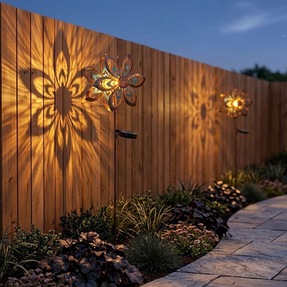 GLOBO LIGHTING LED Solarleuchte, LED-Leuchtmittel fest verbaut, Warmweiß, 2x Gartendeko Windrad Außenleuchte LED Solarleuchte Goldfarbe Antik