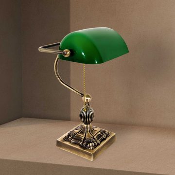 Licht-Erlebnisse Schreibtischlampe WERNER, ohne Leuchtmittel, Tischleuchte in Bronze hell glänzend Grün E27 36 cm Glas Echt-Messing