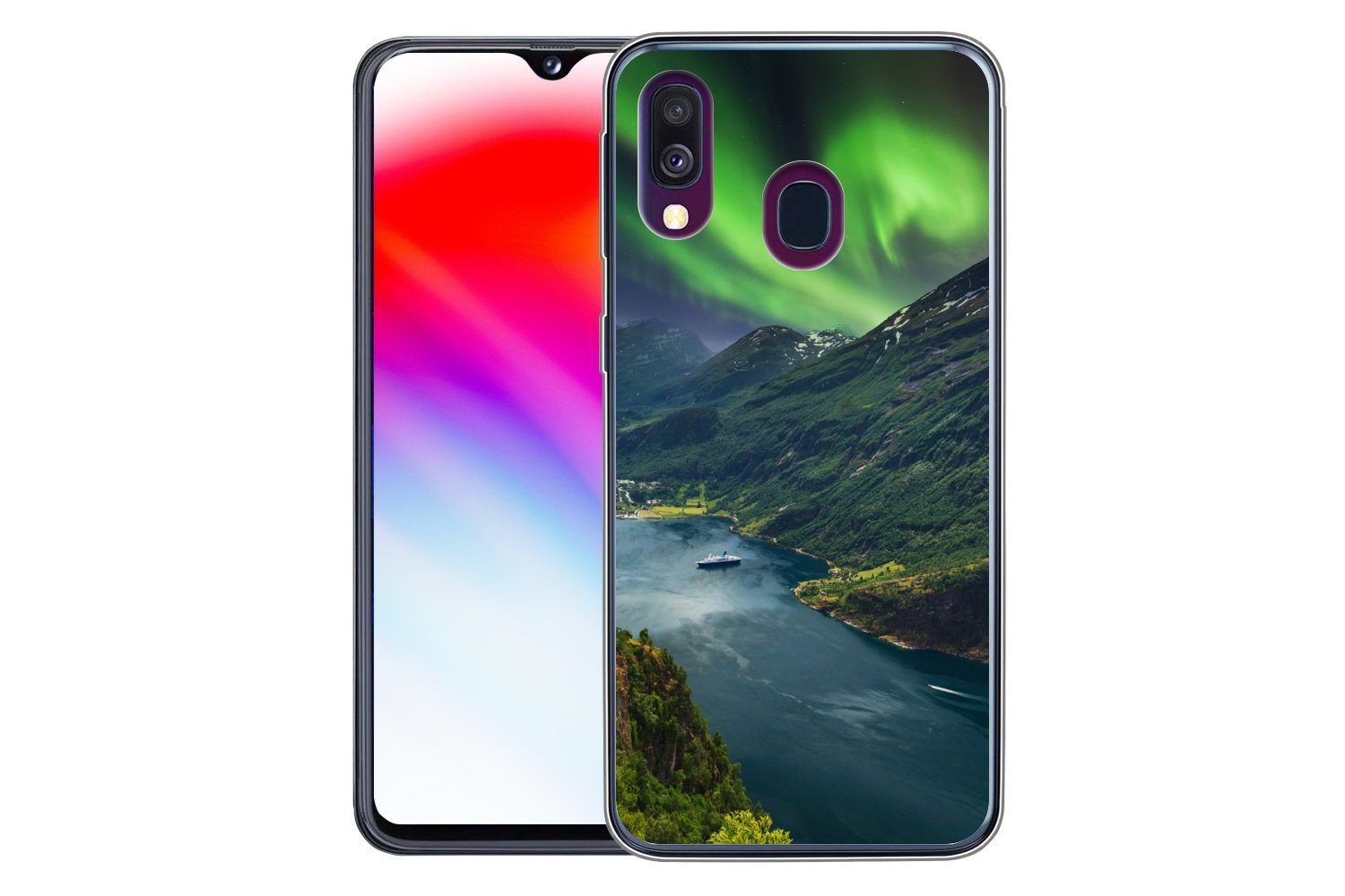 MuchoWow Handyhülle für Samsung Galaxy A40 Nordlichter - Berg - Boot - Norwegen, Smartphone-Bumper, Print, Handy Schutzhülle Dünn