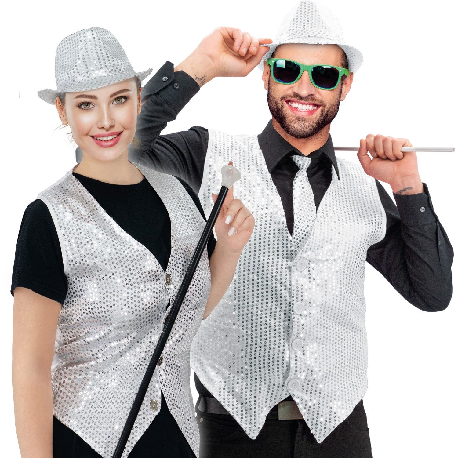 Party Factory Kostüm Pailletten Weste unisex - silber S, mit leuchtenden, r günstig online kaufen