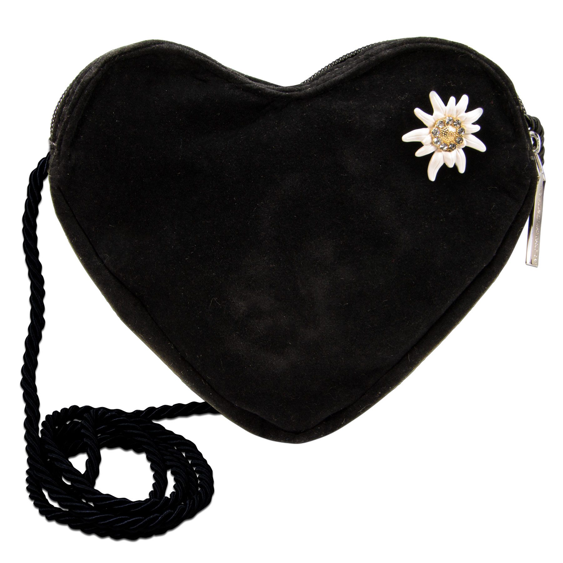 Alpenflüstern Schultertasche Herztasche Strass-Edelweiß Greta (schwarz), - Damen Trachtentasche in Herzform, Schultertasche fürs Dirndl, Herz H