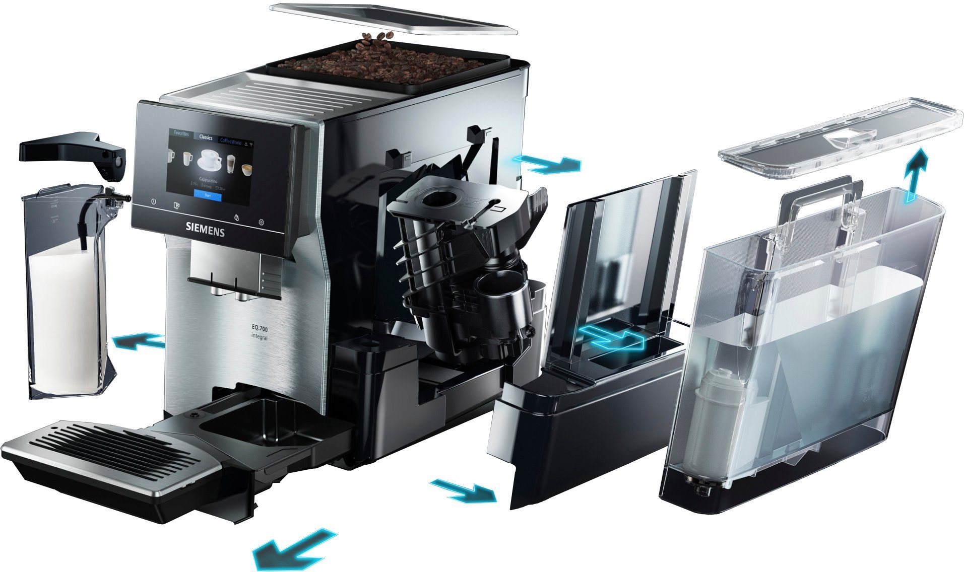 SIEMENS Kaffeevollautomat EQ.700 integral zu Kaffee-Favoriten Full-Touch-Display, individuelle - TQ707D03, bis 30