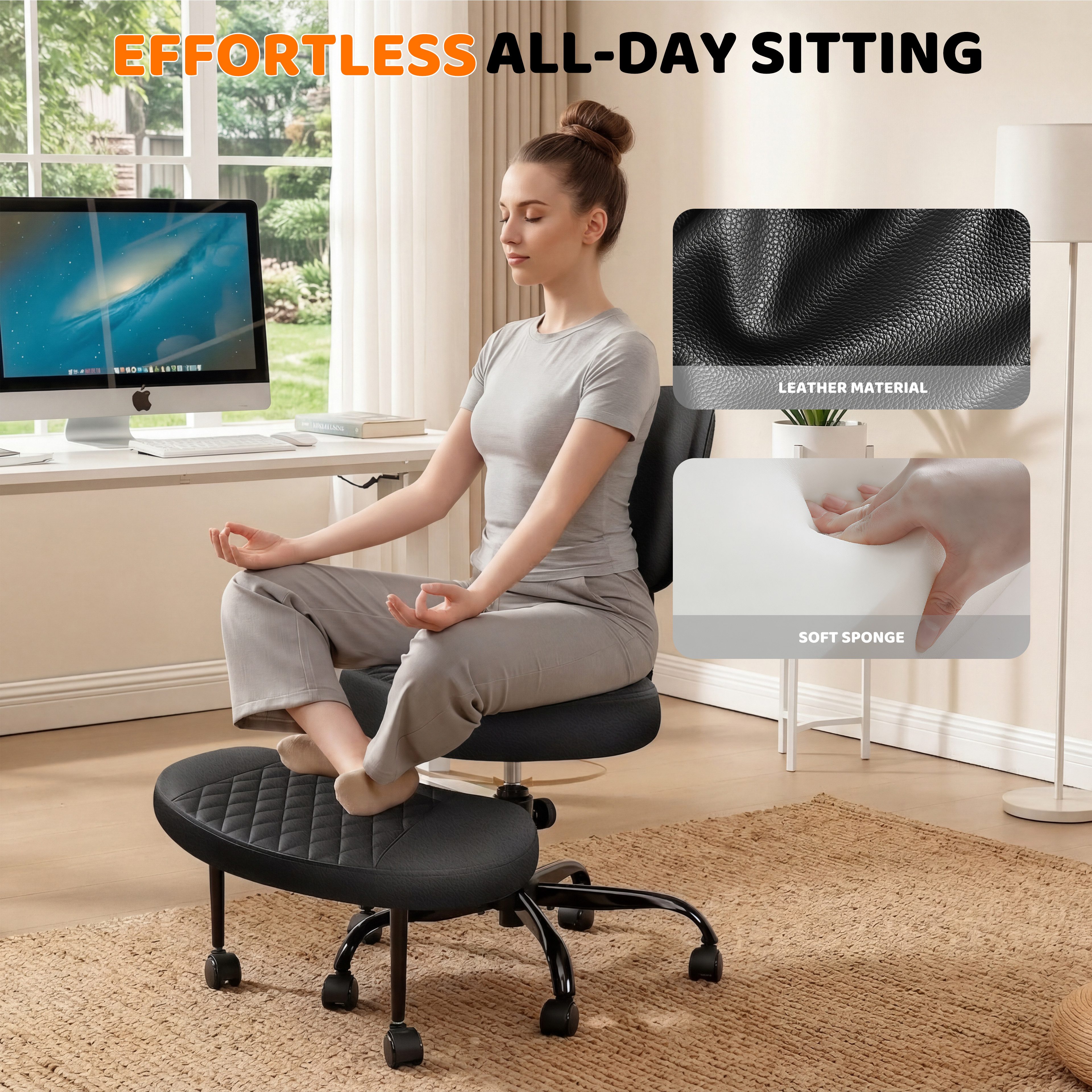 oyajia Polsterstuhl Bürostuhl mit höhenverstellbaren Rollen, Meditationsstuhl (mehrfach drehbarer Stuhl mit Beinschwenkfunktion), Ergonomisch,PU leather