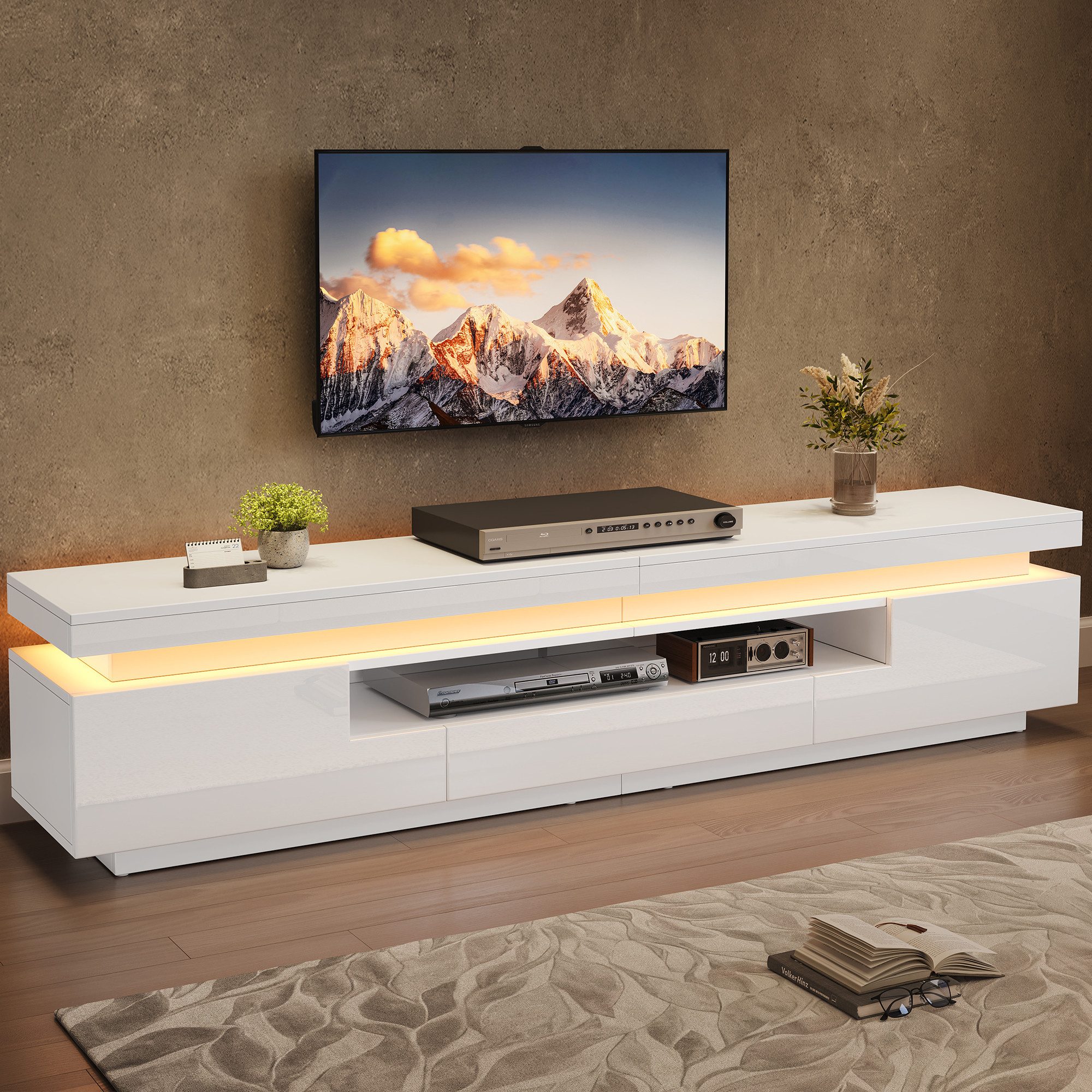 Merax Lowboard hochglanz TV-Schrank mit LED-Beleuchtung (175×38×45 cm, 1 St., Lowboard für Fernseher bis 75 Zoll, Weiß), Fernsehschrank mit 2 L-Schränken, 1 Schublade & halboffener Ablage