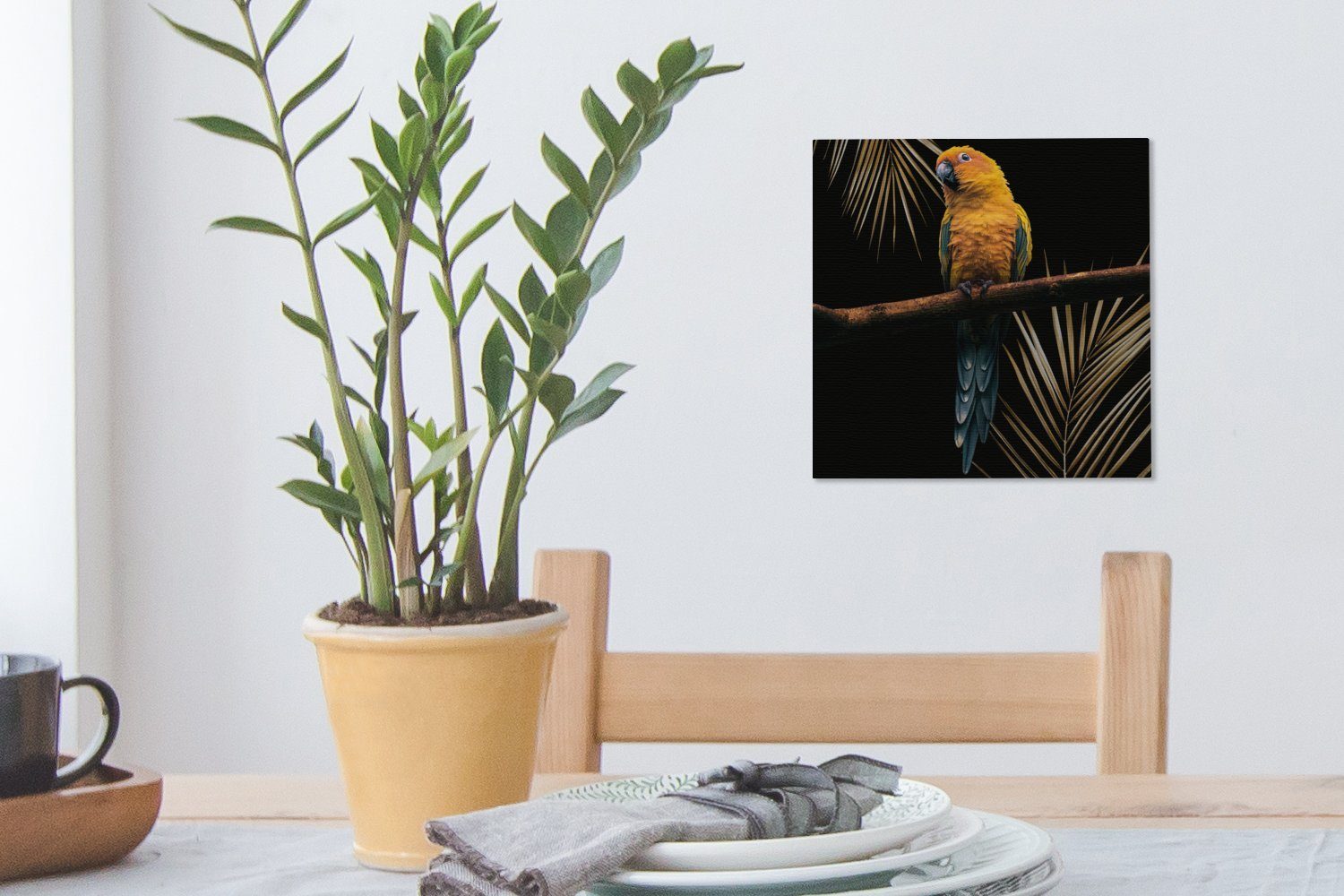 (1 St), Bilder - Schlafzimmer Leinwandbild OneMillionCanvasses® - Zweig - Leinwand Wohnzimmer Papagei Vogel Farn, für