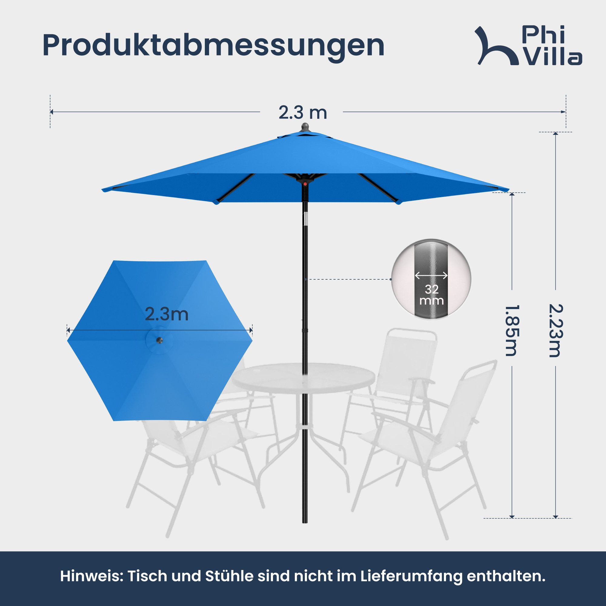 PHI VILLA Sonnenschirm, LxB: 230x220 cm, Gartenschirm UV50+ Schutz für Balkon Terrasse Balkongeländer Tisch, Regenschirm Rund mit Klemme Kippbar Windfest Stabil zum Mitnehmen
