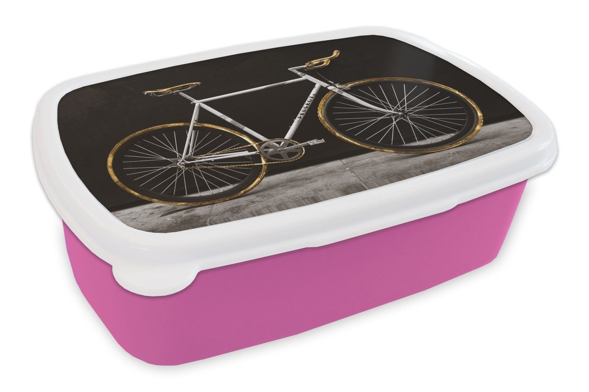 MuchoWow Lunchbox Rennrad - Schwarz - Gold, Kunststoff, (2-tlg), Brotbox für Erwachsene, Brotdose Kinder, Snackbox, Mädchen, Kunststoff rosa