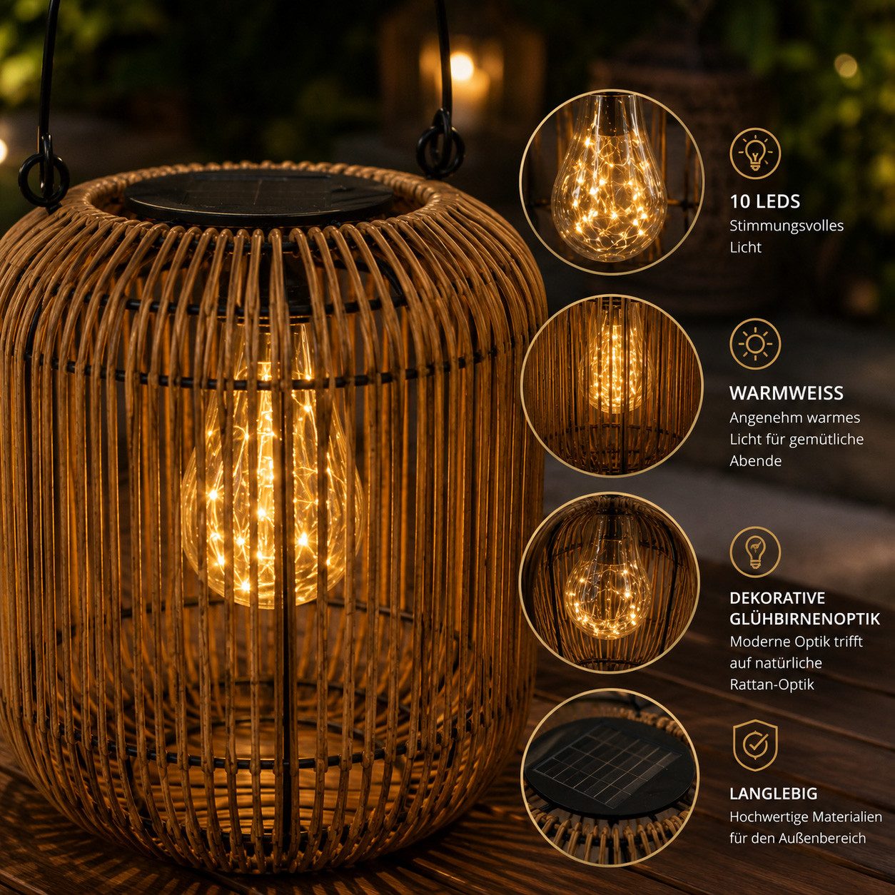 Kremers Schatzkiste LED Laterne LED Solarlaterne Rattan Optik 24cm mit Dämmerungssensor IP44, LED fest integriert