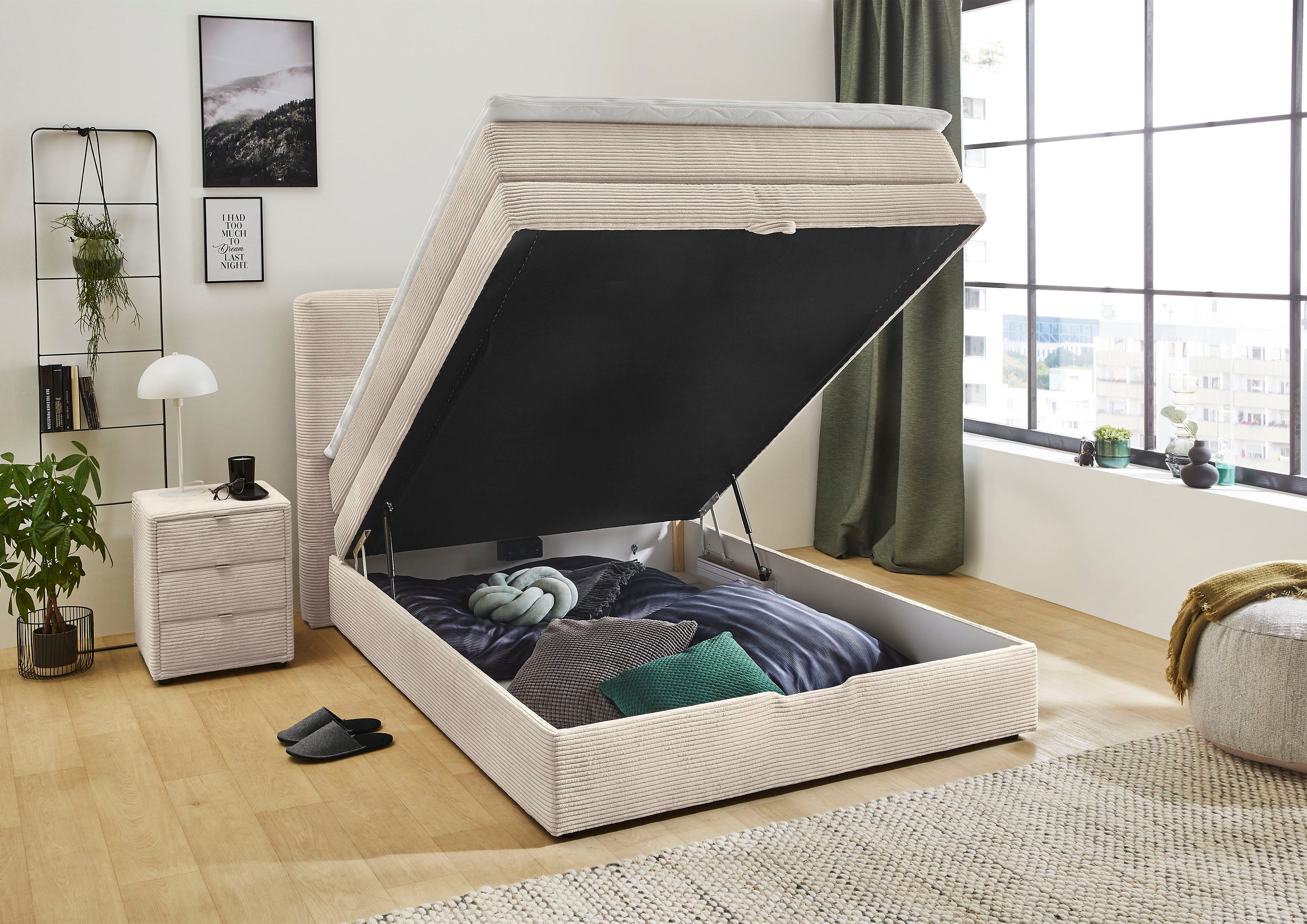 Jockenhöfer Gruppe Boxspringbett AMY in Cord, erhältlich in den Breiten 120cm & 140cm, mit Bettkasten & Topper