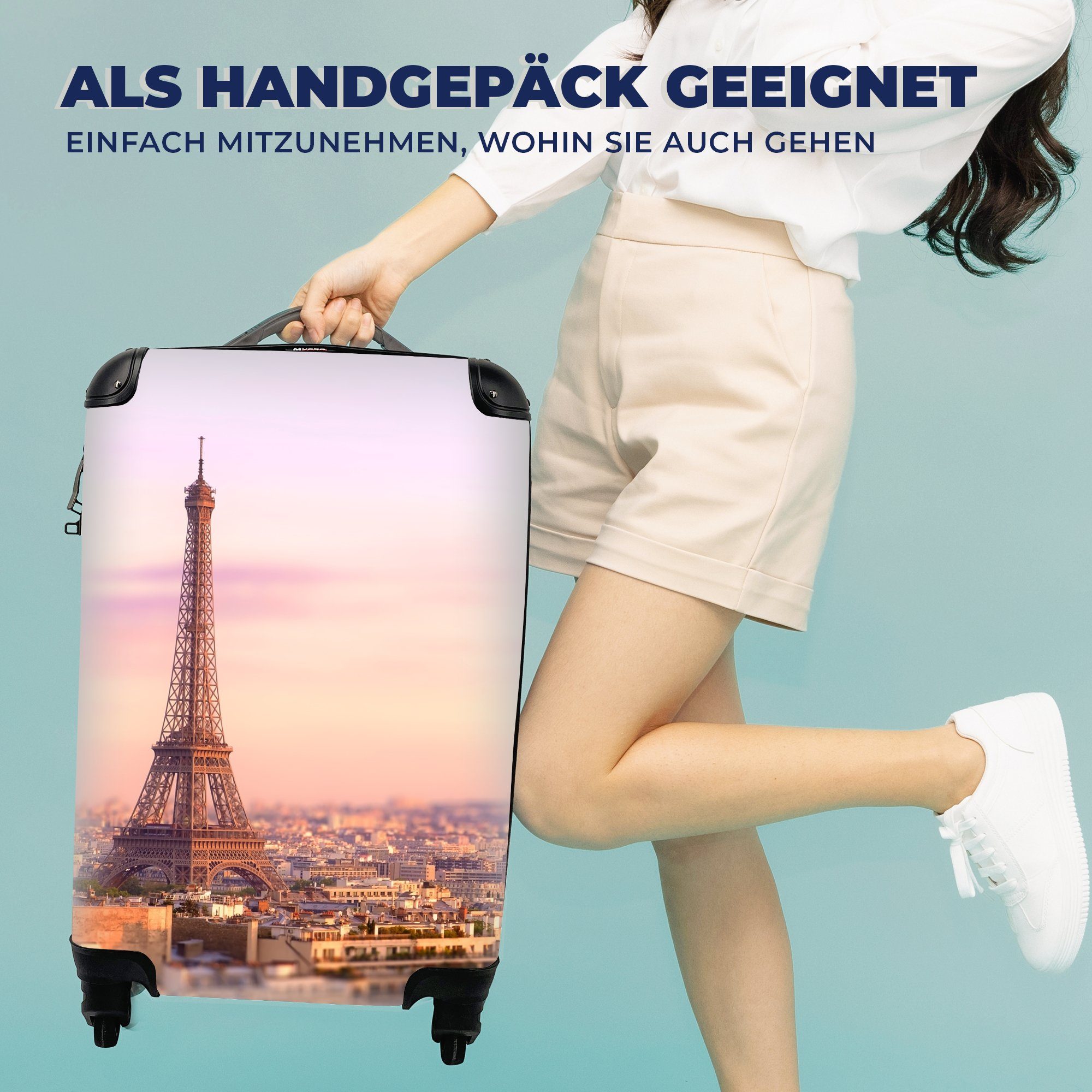 Trolley, Eiffelturm für Himmel, Handgepäck Reisekoffer Ferien, Paris rollen, 4 Rollen, - MuchoWow mit - Reisetasche Handgepäckkoffer